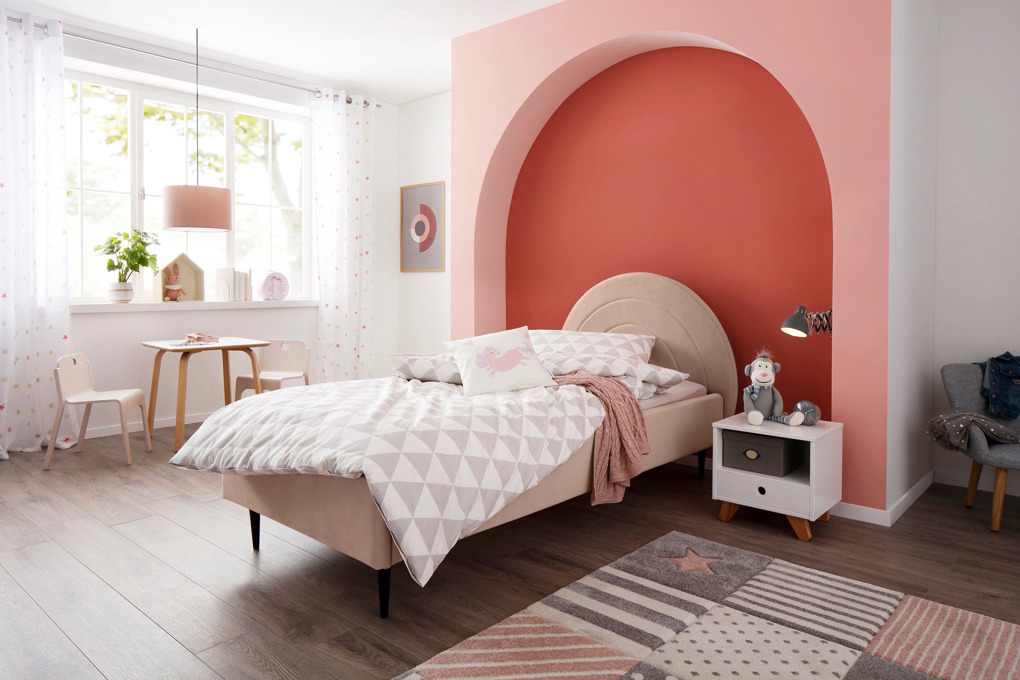 Lüttenhütt Gestoffeerd bed Femmy prettig bekleed hoofdbord met decoratief regenboogmotief