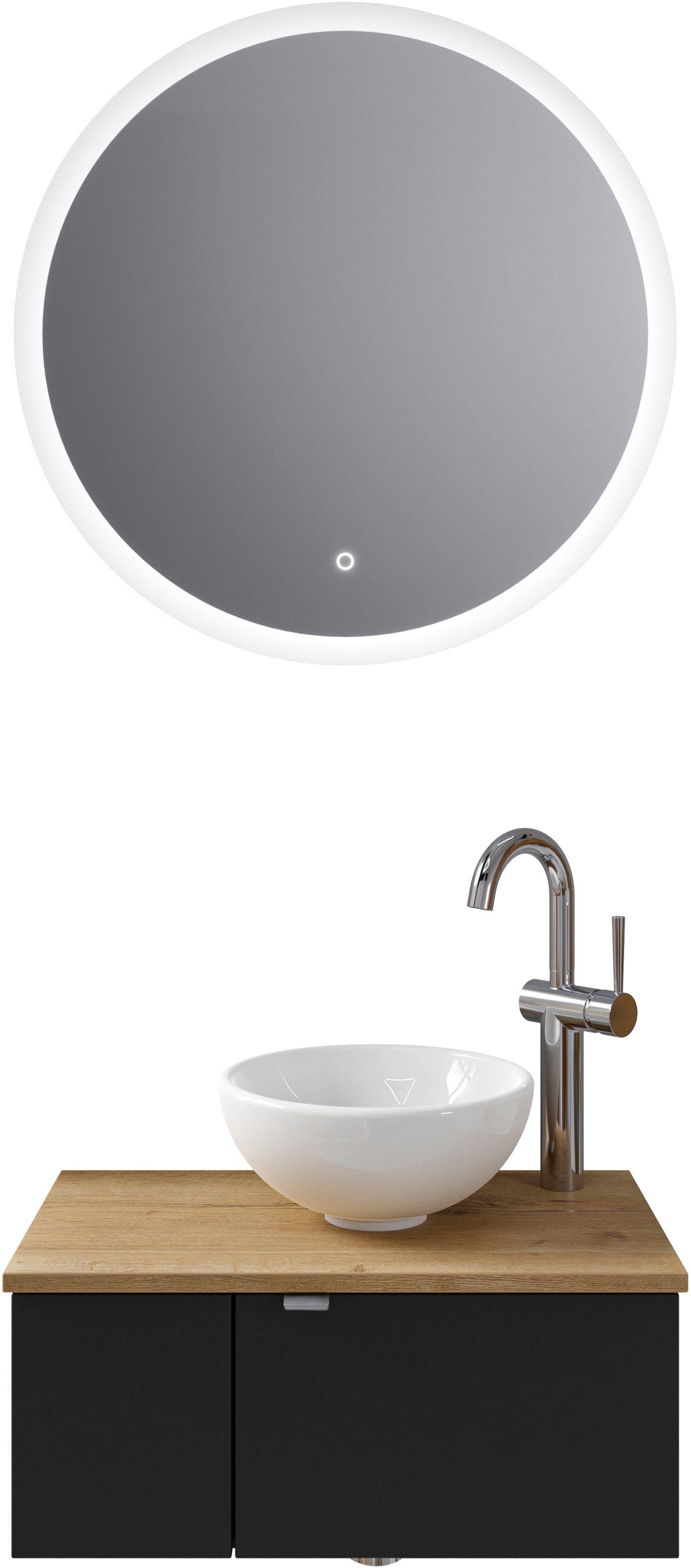 Saphir Badkamerserie Serie 6915 Gastenbadkamer, 70 cm breed, met led-spiegel, open vak en 2 deuren (4-delig) badmeubelsets zwart