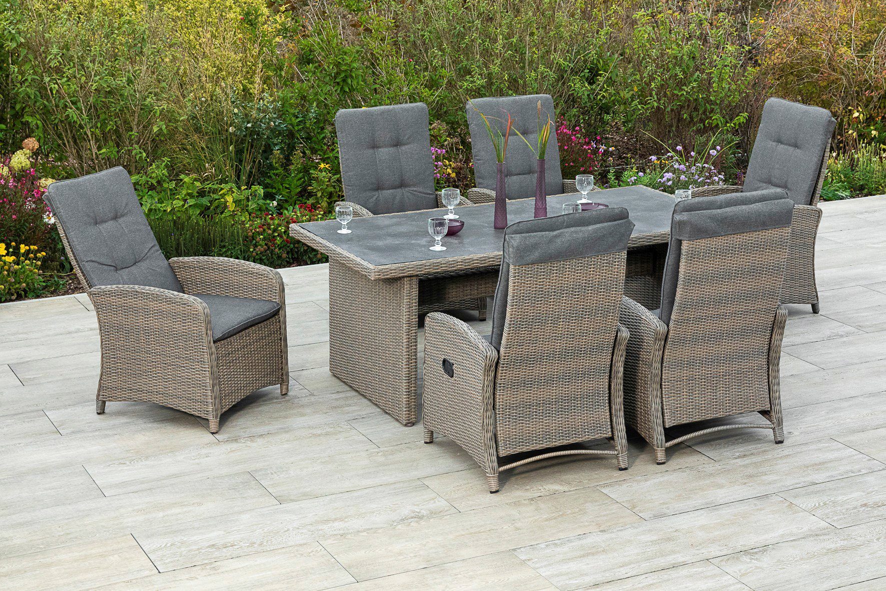 MERXX Tuin-eethoek Atrani 6 stoelen met een hoge rugleuning met kussen, tafel (7-delig) tuinsets bruin