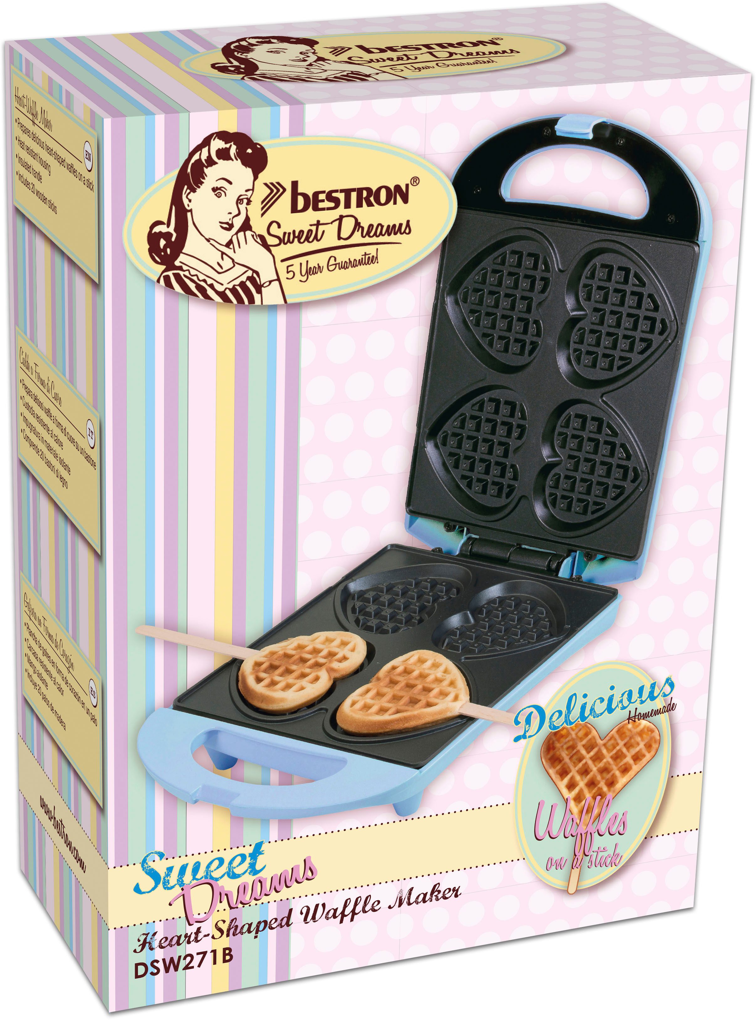 bestron Wafelijzer DSW271 voor hartwafels aan een stok voor hartvormige wafels aan een stokje, retrodesign