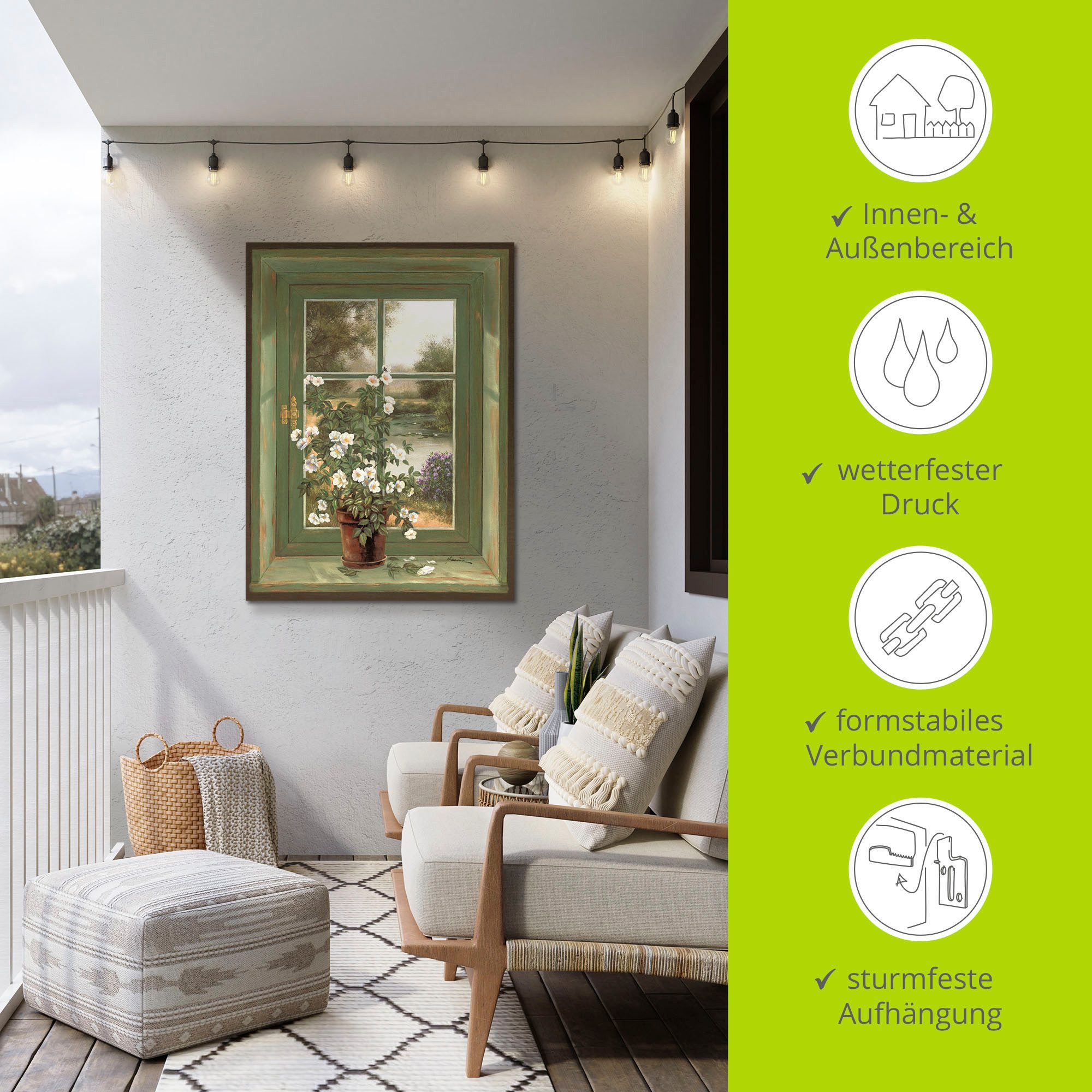 Artland Artprint Wilde rozen bij het raam als artprint van aluminium, artprint voor buiten, artprint op linnen, poster, muursticker