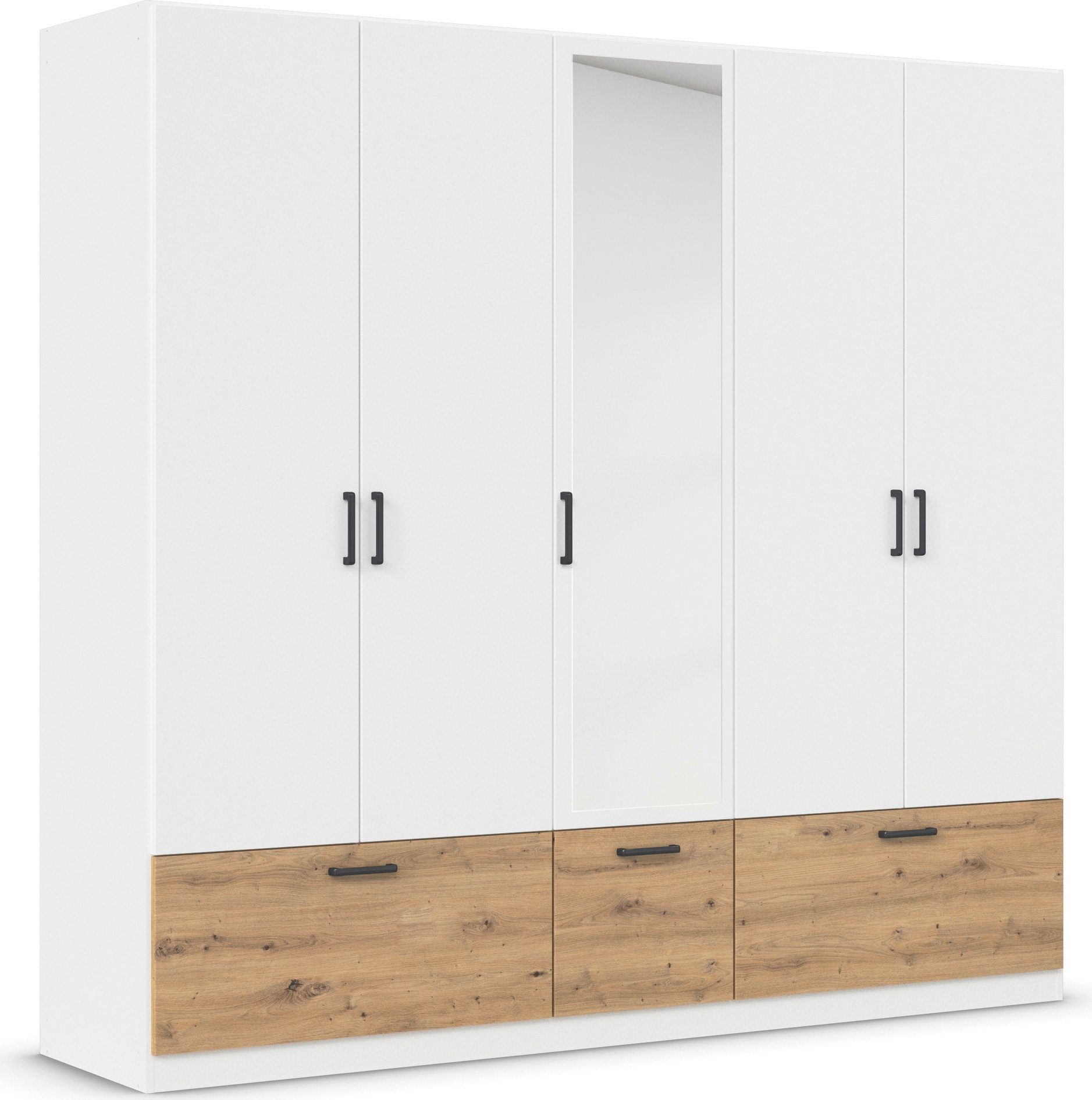 rauch Draaideurkast Kledingkast kast garderobe waskast BARI met spiegel met lades en moderne greep in grijs metallic made in germany