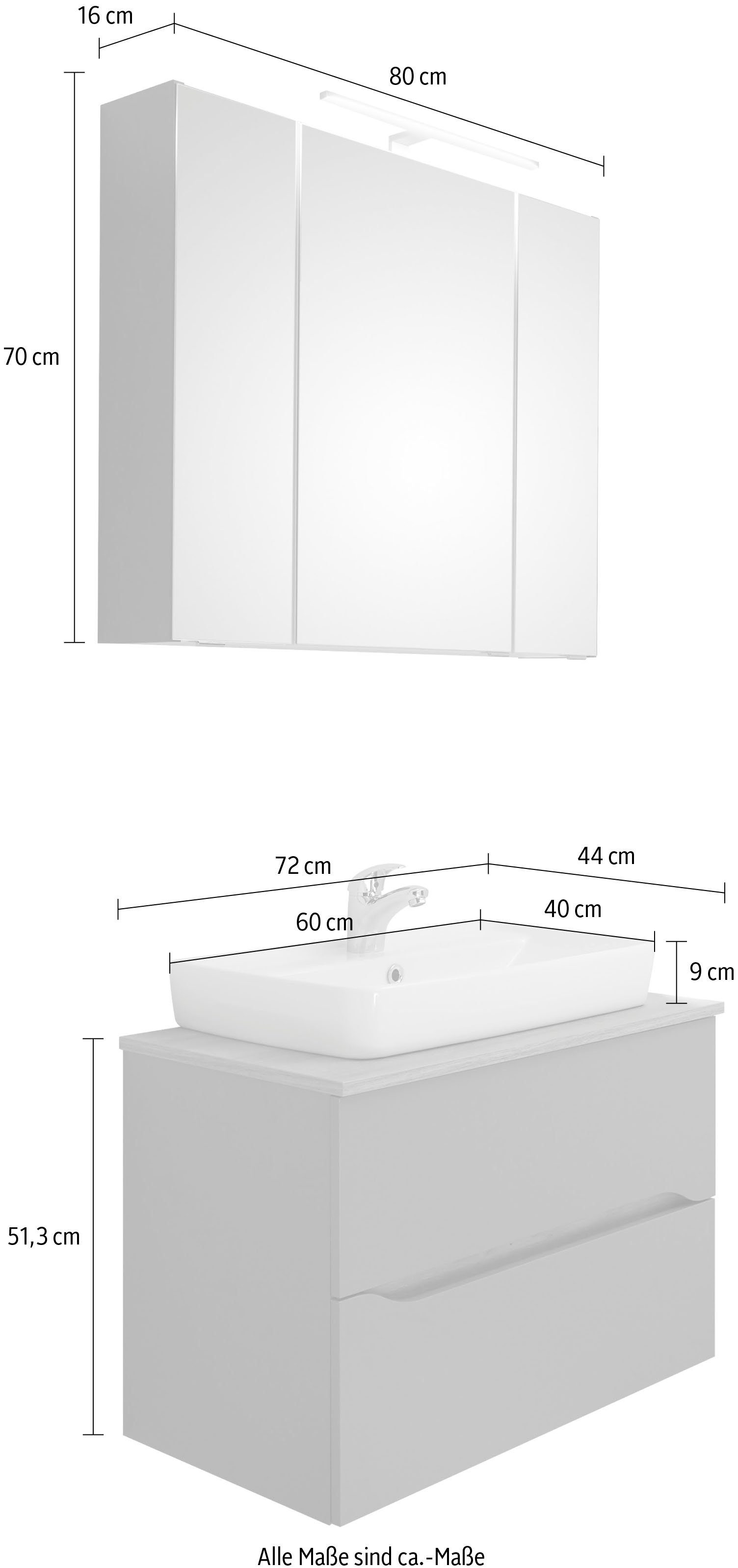 Saphir Badkamerserie Quickset 2-delig, keramieken opzetwasbak met led-spiegelkast (2-delig)