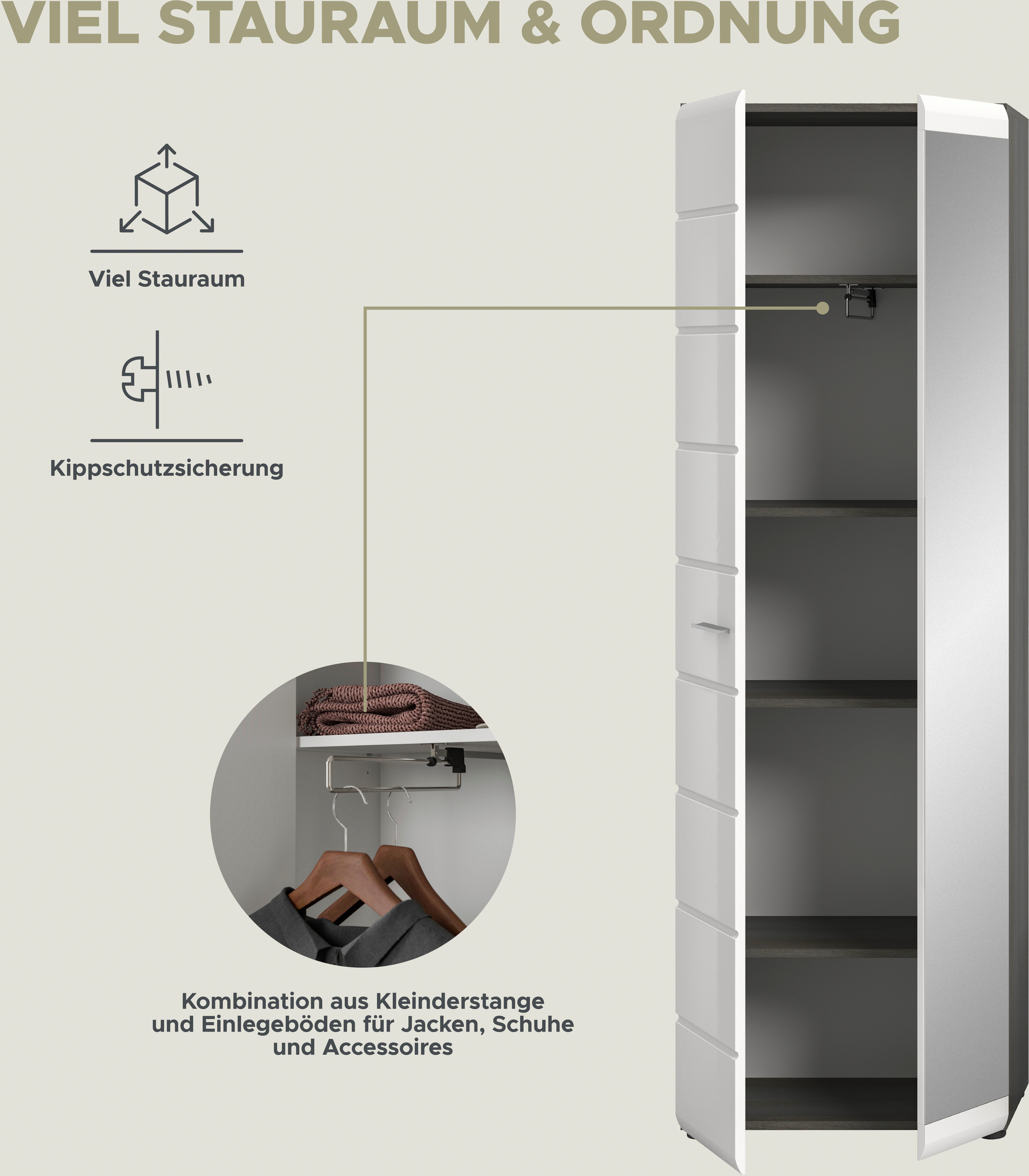 INOSIGN Halmeubelset Rumba, 5-delig, Breedte 250 cm, Hoogglans Front, bestaand uit: Garderobekast, schoenenbank, garderobepaneel, schoenenkast, spiegel (5 stuks)
