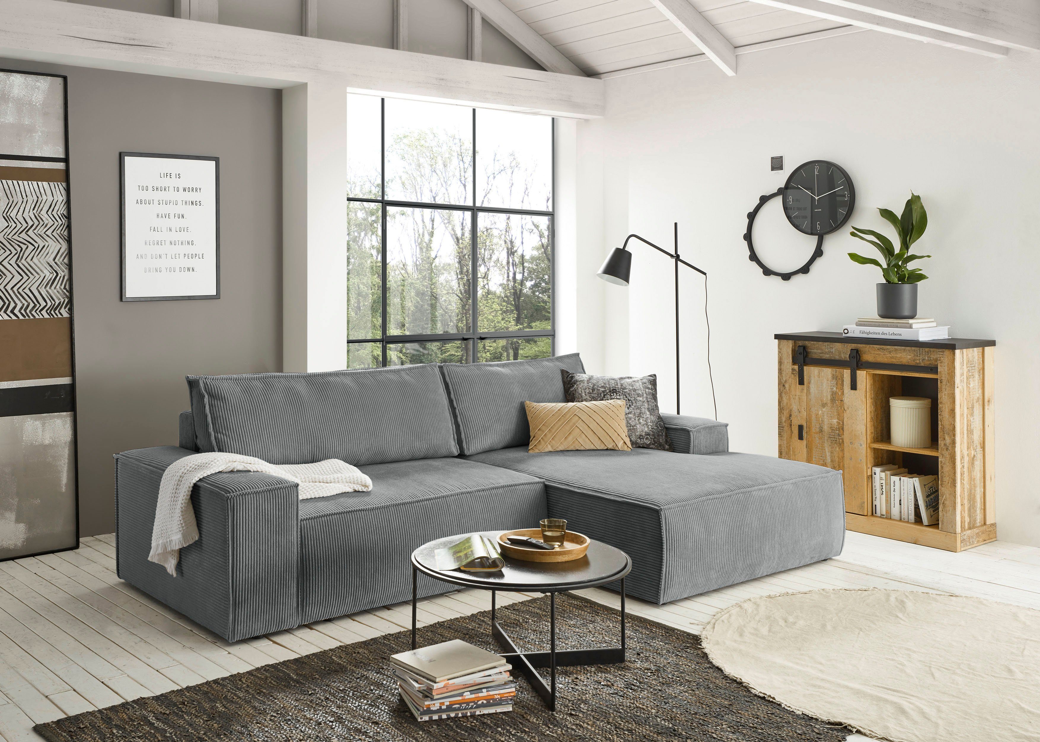 Home affaire Hoekbank SHERWOOD bedbank 267 cm, L-model, Slaapfunctie met bedlade (210x136 cm), cord, vintage, fluweel