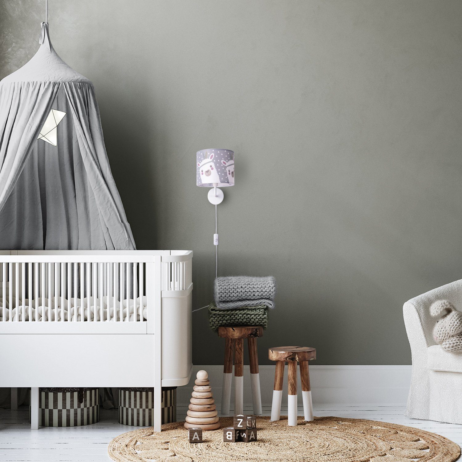 Paco Home Wandlamp Ela 214 Kinderlamp wandlamp met schakelaar Ø…18cm lama roze grijs kabel 3m E14