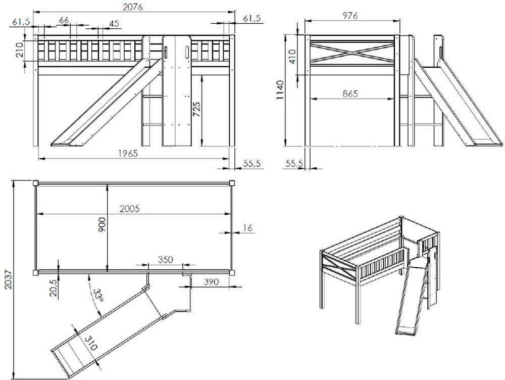 Vipack Hoogslaper Scott m. glijbaan/ladder toren, ligoppervlak 90 x 200 cm, doek, opbergvak, 4 designs