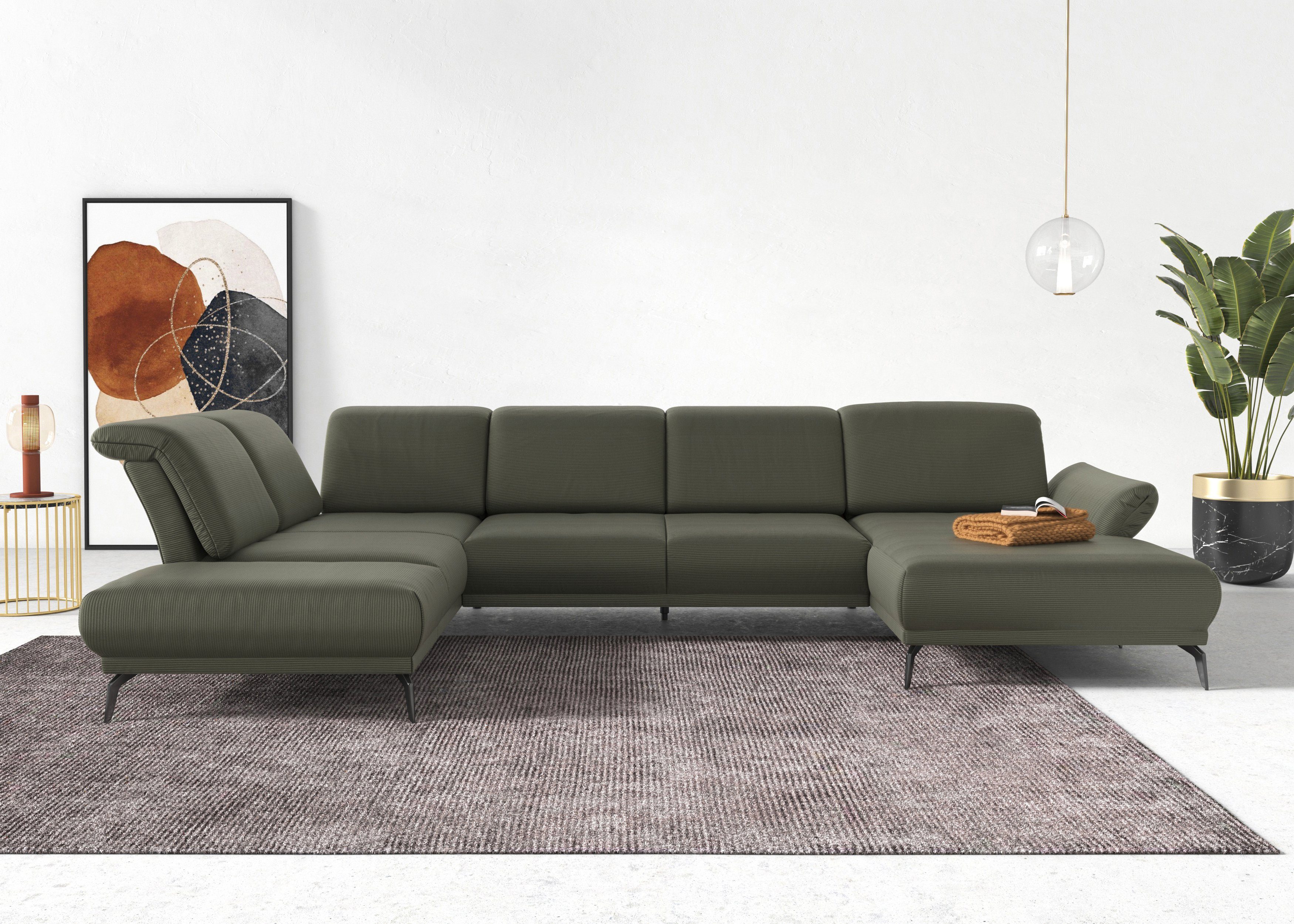 INOSIGN Zithoek Coco U-vorm Verstelbare zitdiepte, armleuning en hoofdeind, cordbekleding, poothoogte 15 cm