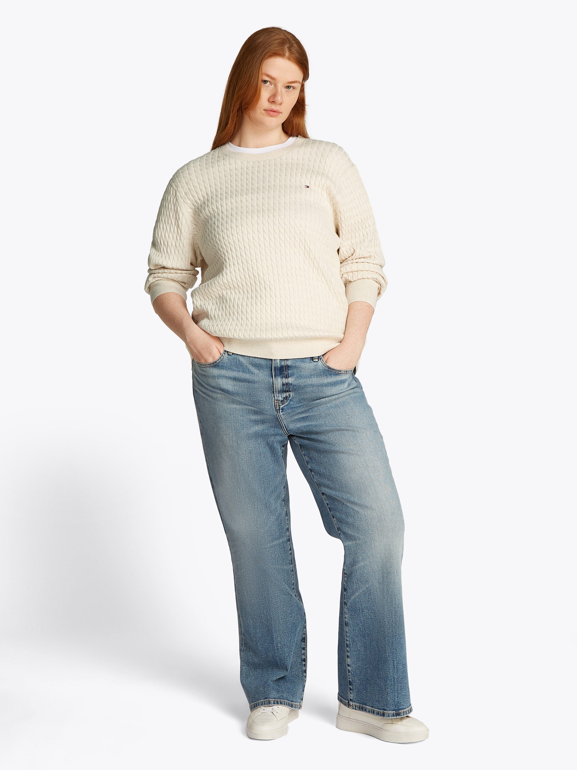 Tommy Hilfiger Curve Trui met ronde hals CRV CO CABLE C-NK LS SWEATER in grote maten, kabelpatroon, logoborduursel