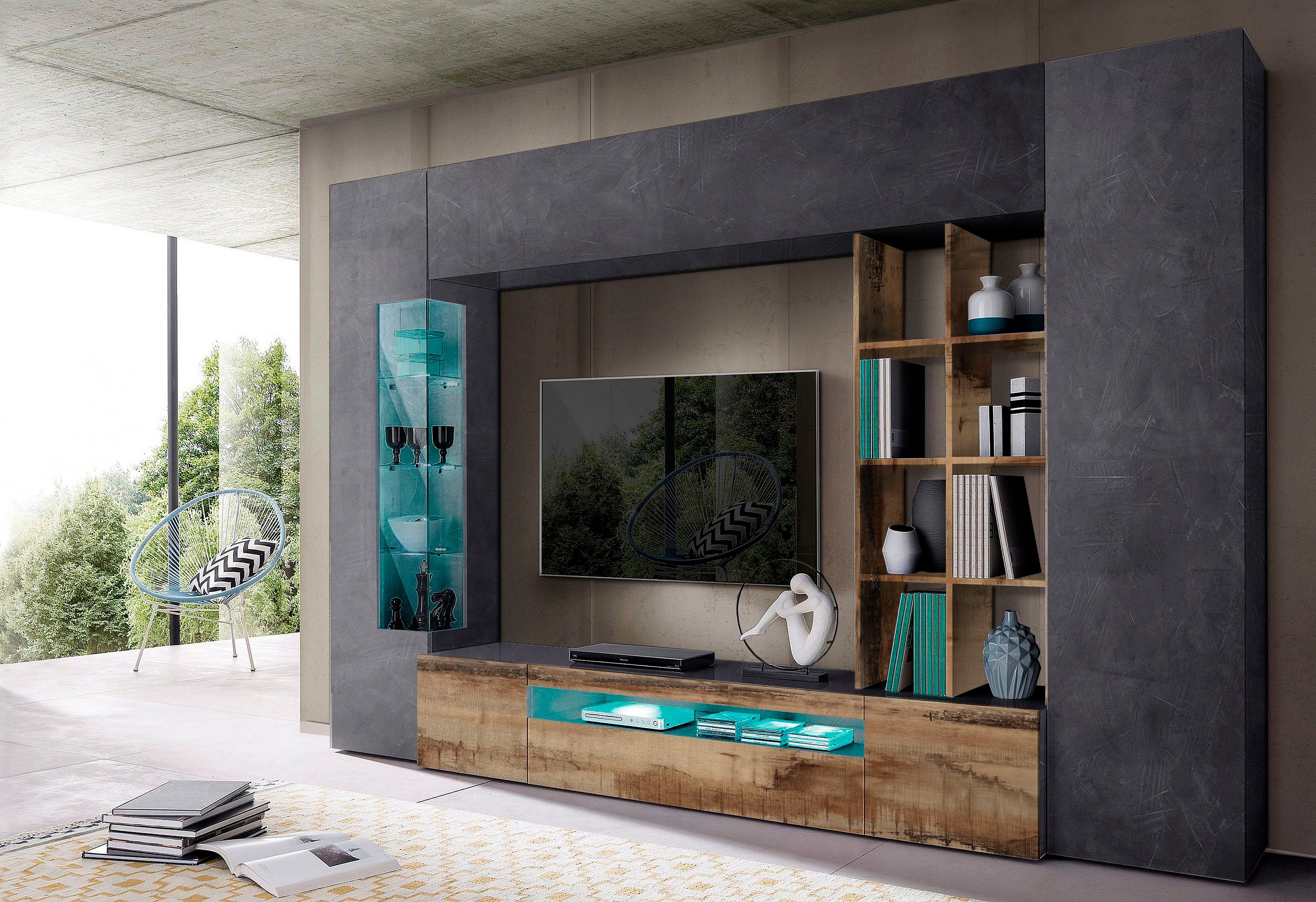 INOSIGN Wandmeubel New Egypt, wandmeubel, mediameubel, woonkamerwand 2 kleppen, 2 kleine deuren, 2 grote deuren, rekopbouw breedte 290 hoogte 191 (set, 5-delig)