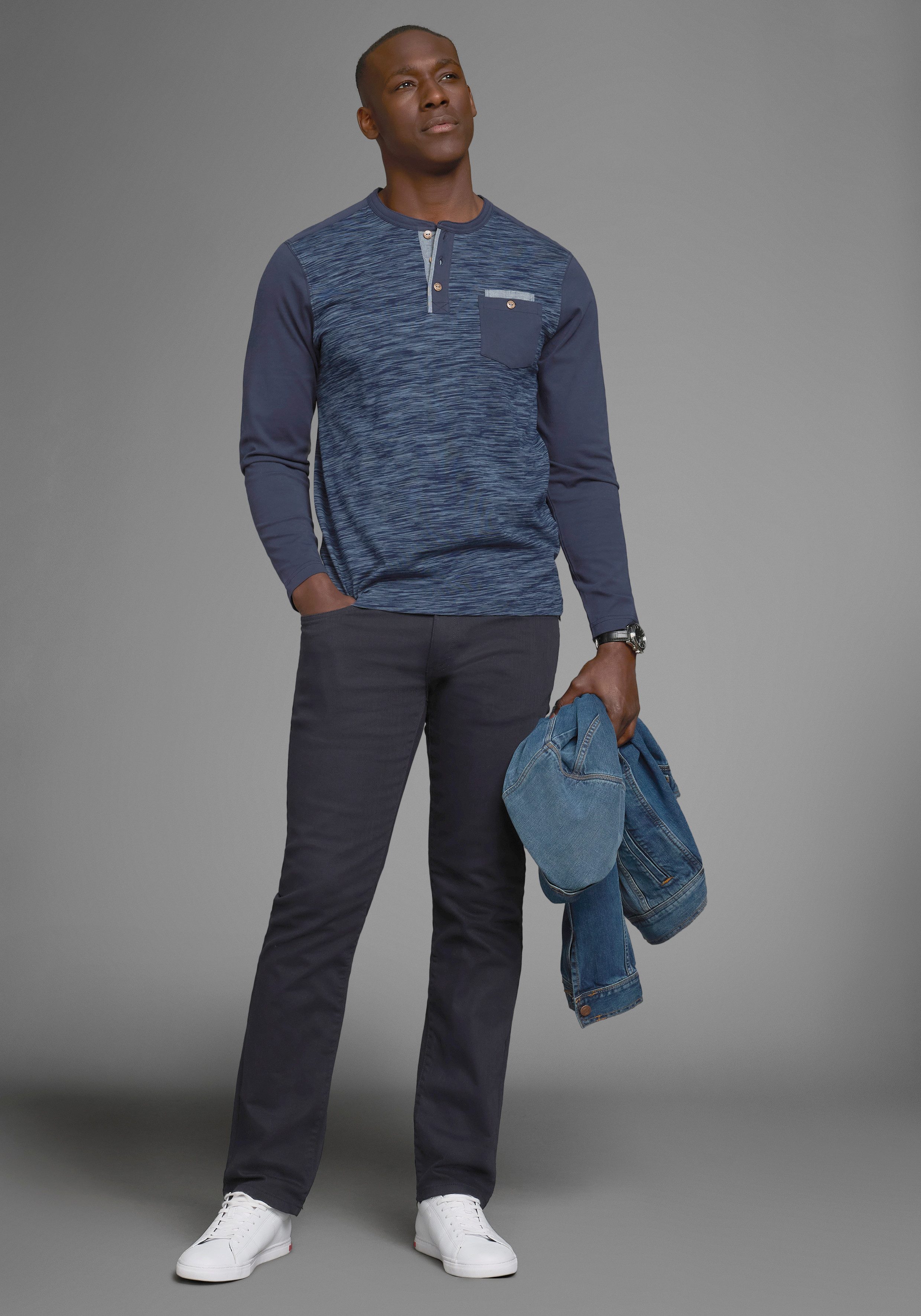 Arizona Longsleeve Lange mouwen, gemêleerde look, ronde hals met knoopsluiting