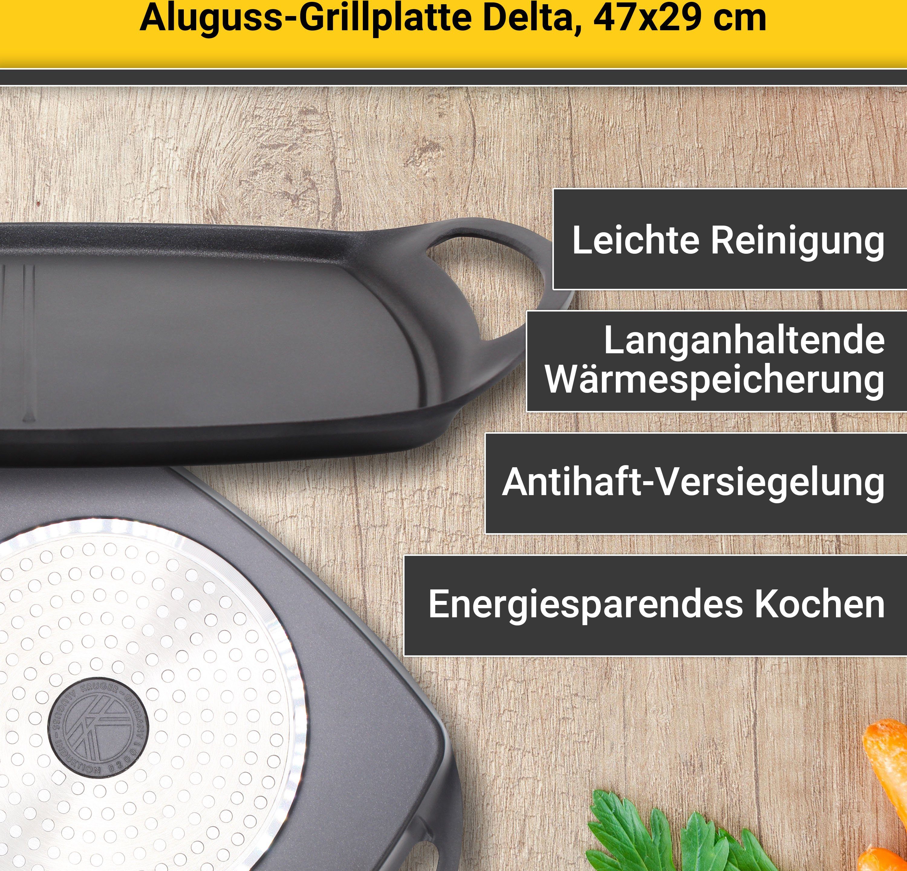 Krüger Grillplaat Delta van gietaluminium, geschikt voor inductiekookvelden, 47 x 29 cm (1 stuk)
