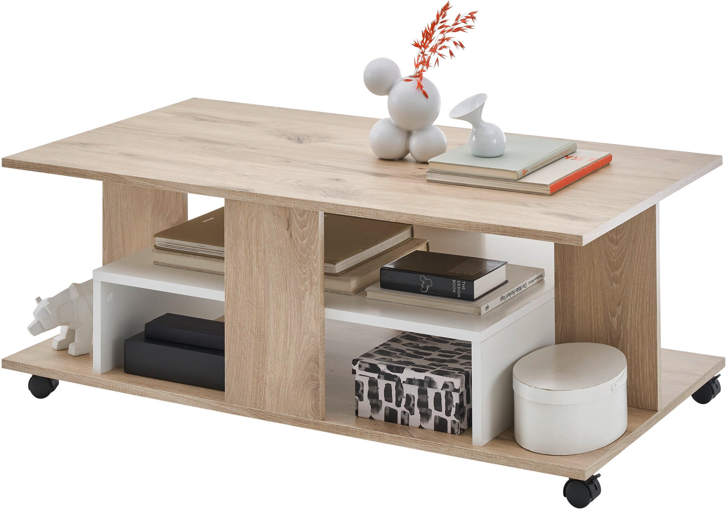 Stolkom Salontafel Marti met wielen en planken, Rima eik wit, BxHxD 110x42,5x60 cm