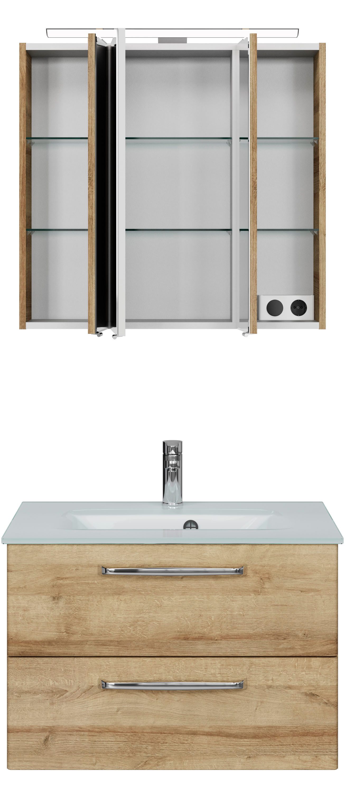 Saphir Badmeubelset Trentino 2-delig glazen wastafel, spiegelkast met LED-verlichting Badkamermeubel-set 77cm breed, incl. deurdemper, 3 deuren, 2 lades (3 stuks)