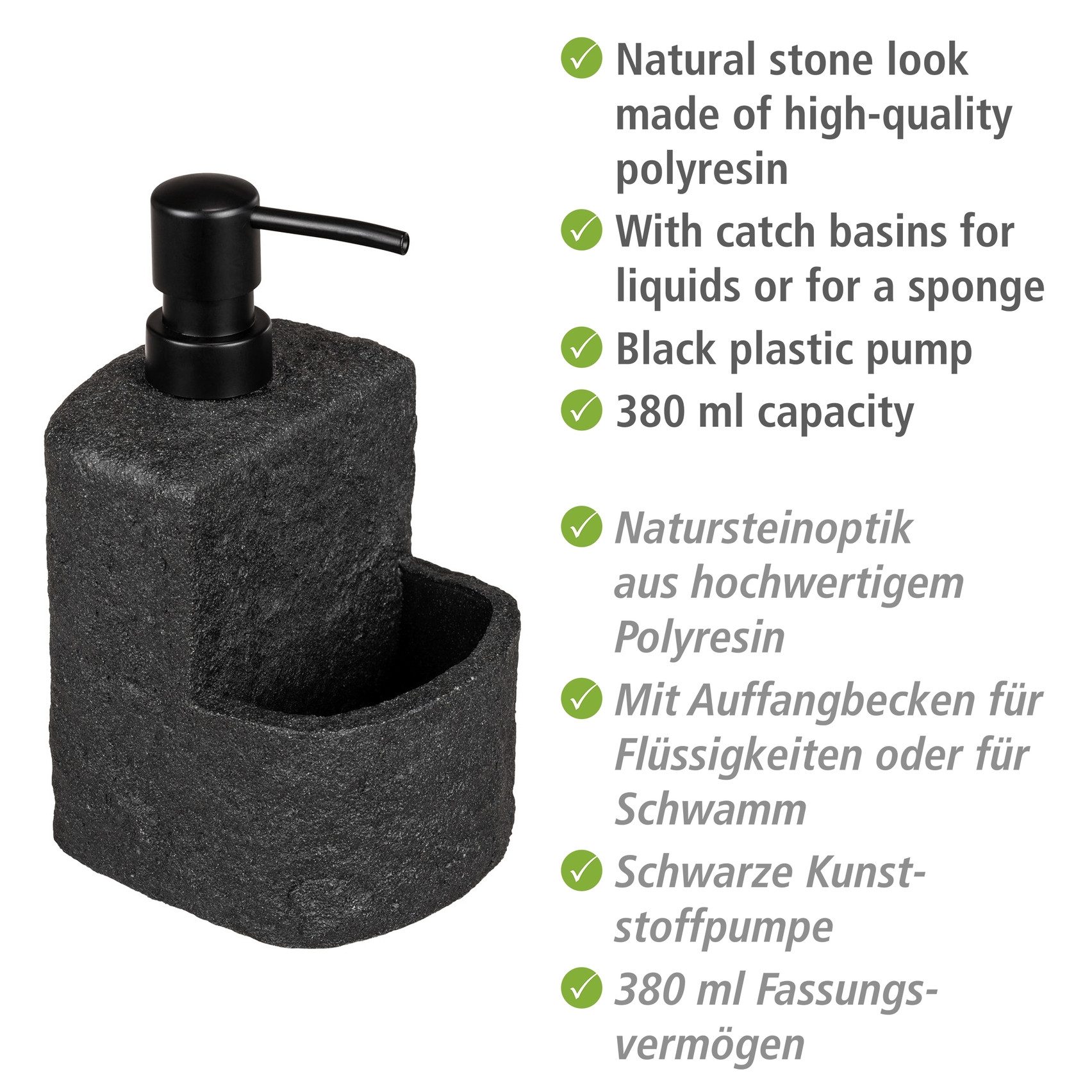 WENKO Dispenser voor afwasmiddel Festival Stone van polyresin, steenlook, met afwasponsvak, 380 ml