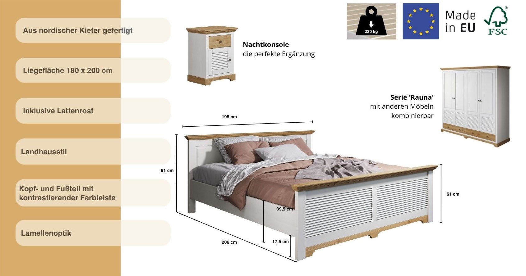 Home affaire Bed Rauna, landhuisstijl, elegant design met lamellen en kassetten, 2 kleuren
