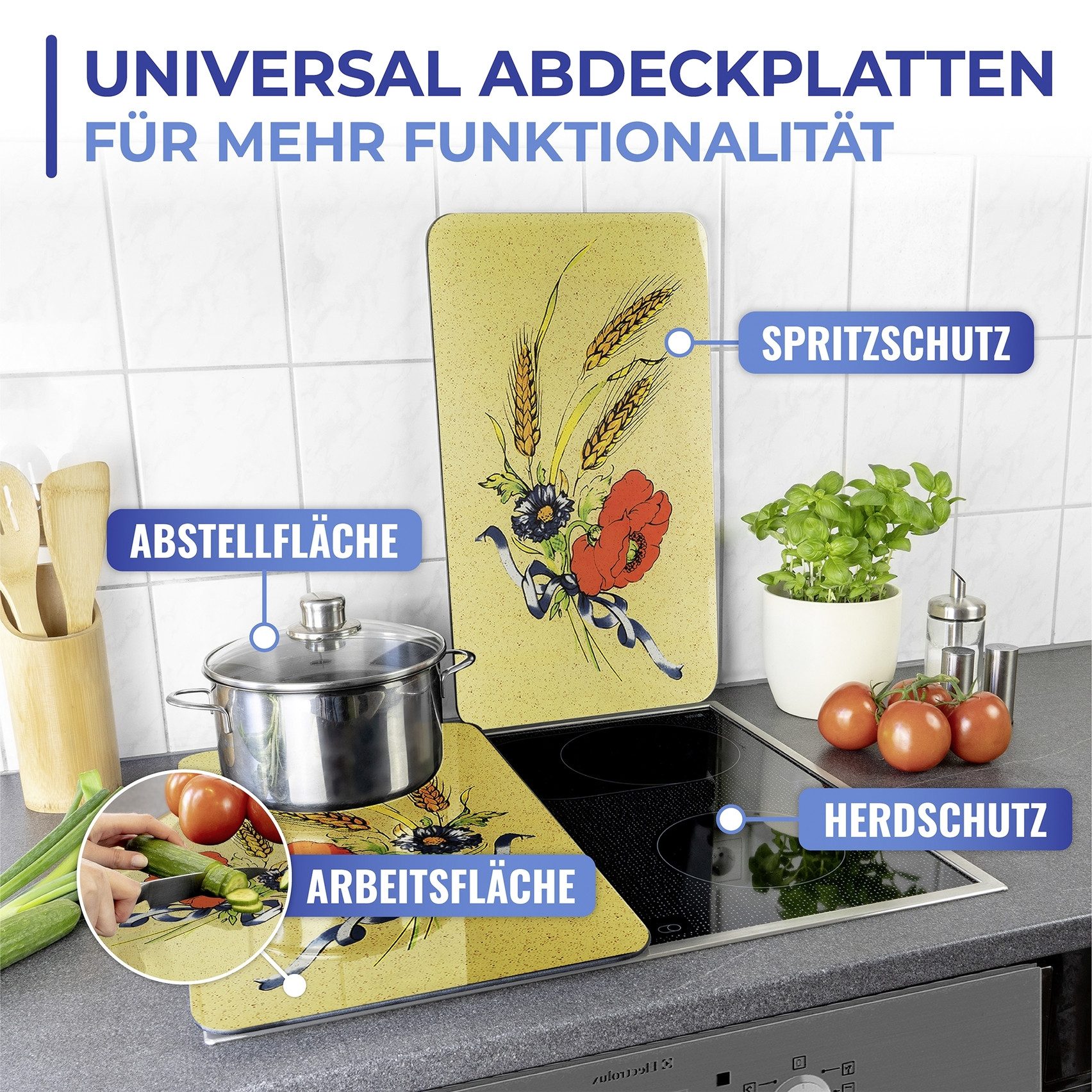 WENKO Kookplaatdeksel Universeel model Korenbloemen (set, 2-delig)