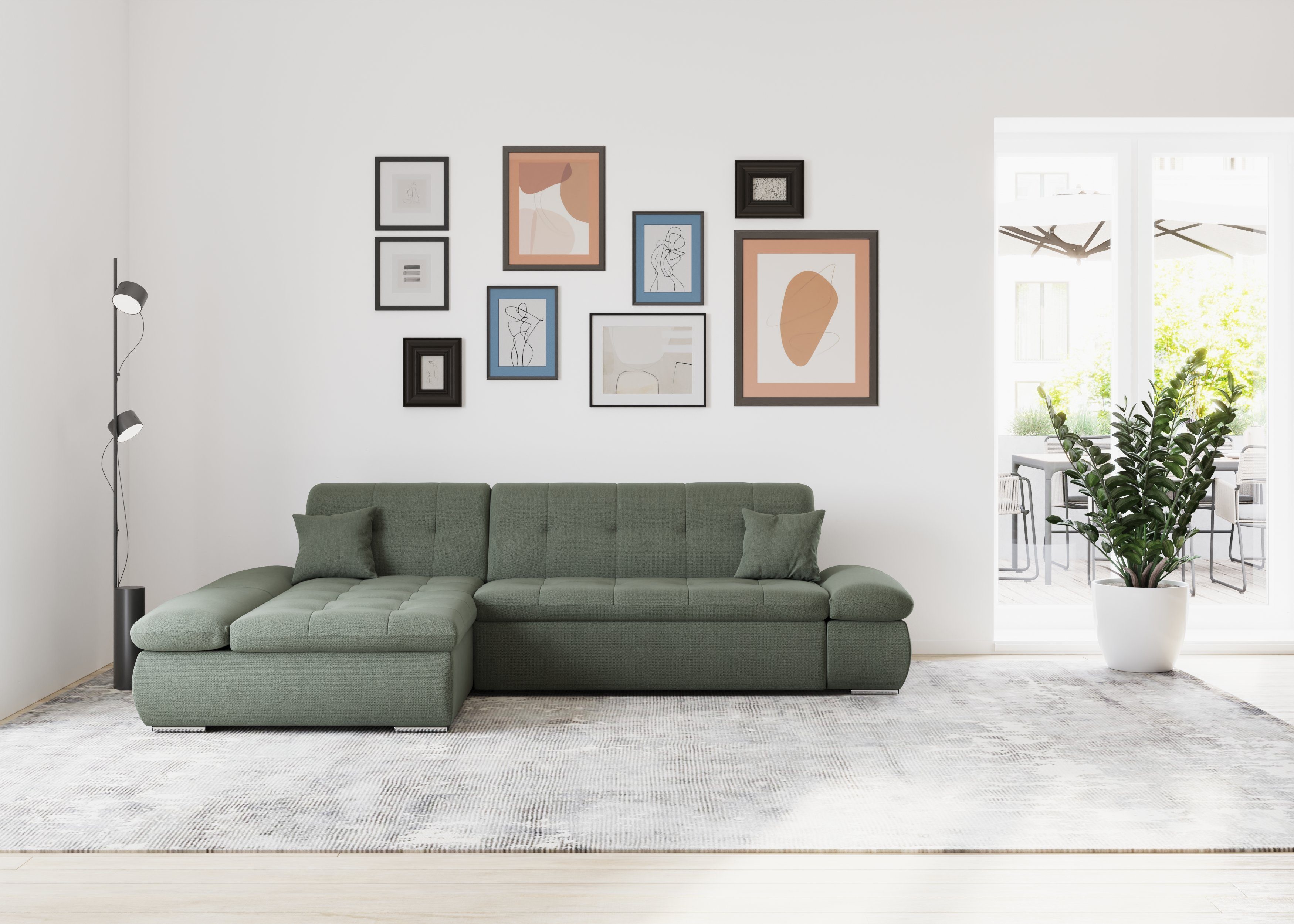 DOMO collection Hoekbank Moric, L-vorm, XXL-bank - Breedte 300cm keuze met bedfunctie en armleuningverstelling, donkergroen