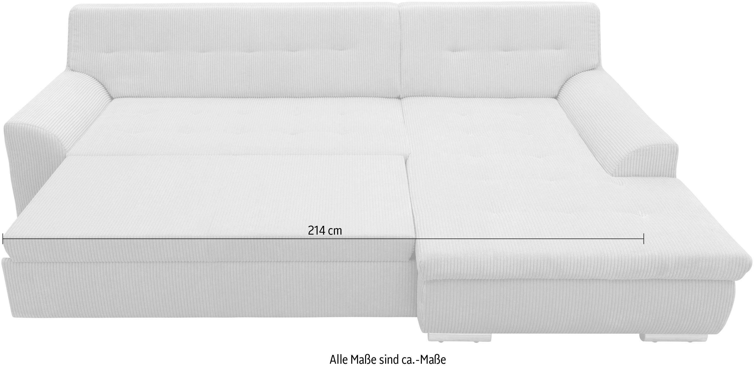 DOMO collection Hoekbank Treviso veel bekledingen, ook in cord, L-vorm, B/D/H: 267/80/83 cm optioneel met slaapbank functie, incl. sierkussens, hoogwaardig doorgestikt patroon