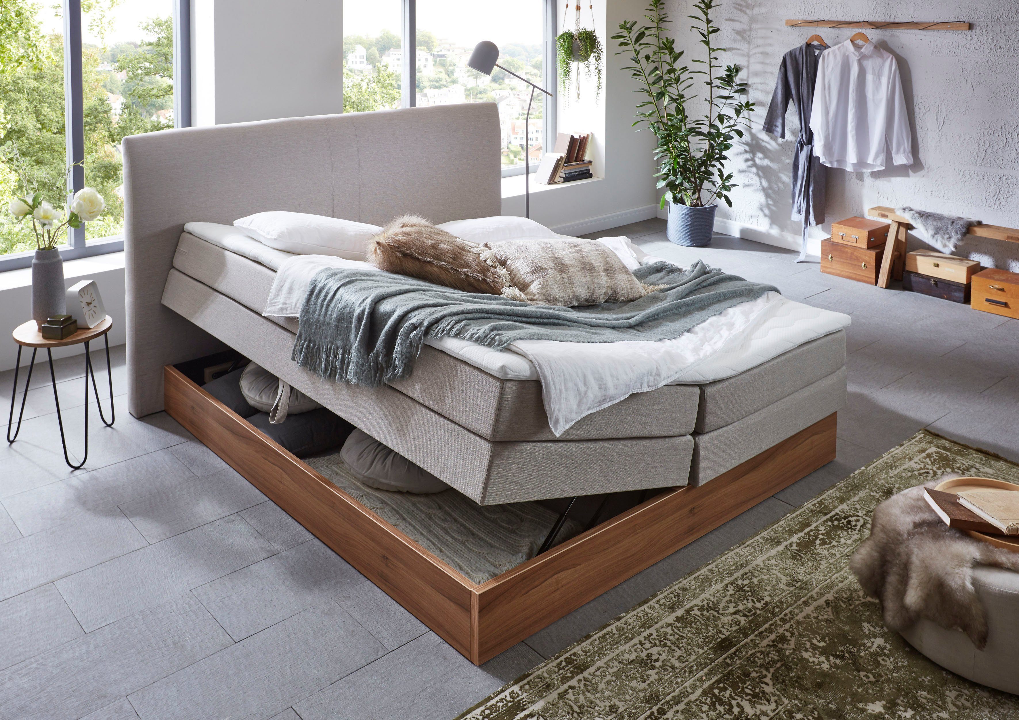 Premium collection by Home affaire Boxspring Blomen met walnoot-decor, met bedkist, verschillende hardheden, met topmatras