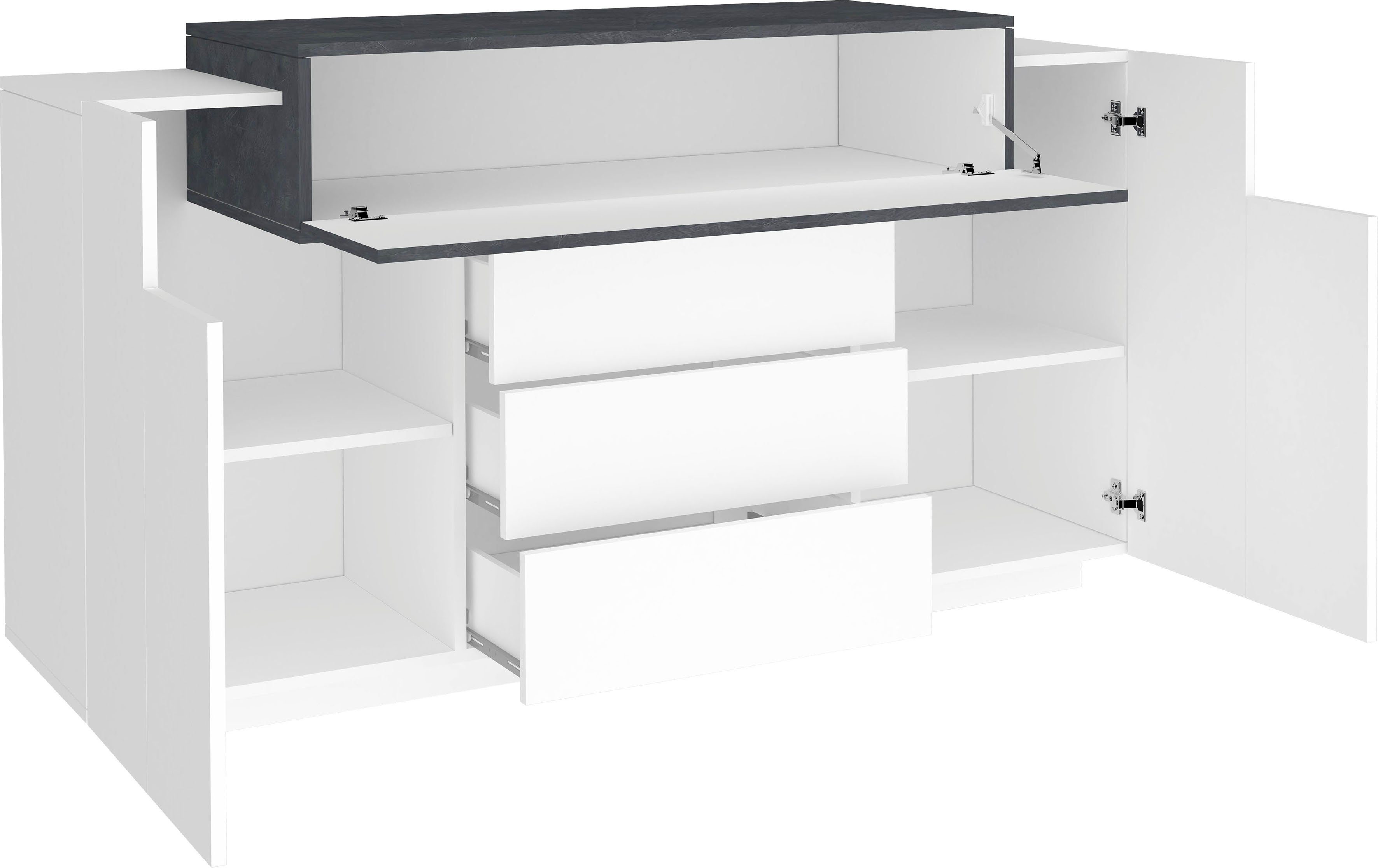 INOSIGN Kast Coro, commode, kast, buffet, greeploos 1 klep, 2 deuren, 3 laden dubbele diepte hoogglans front breedte 160