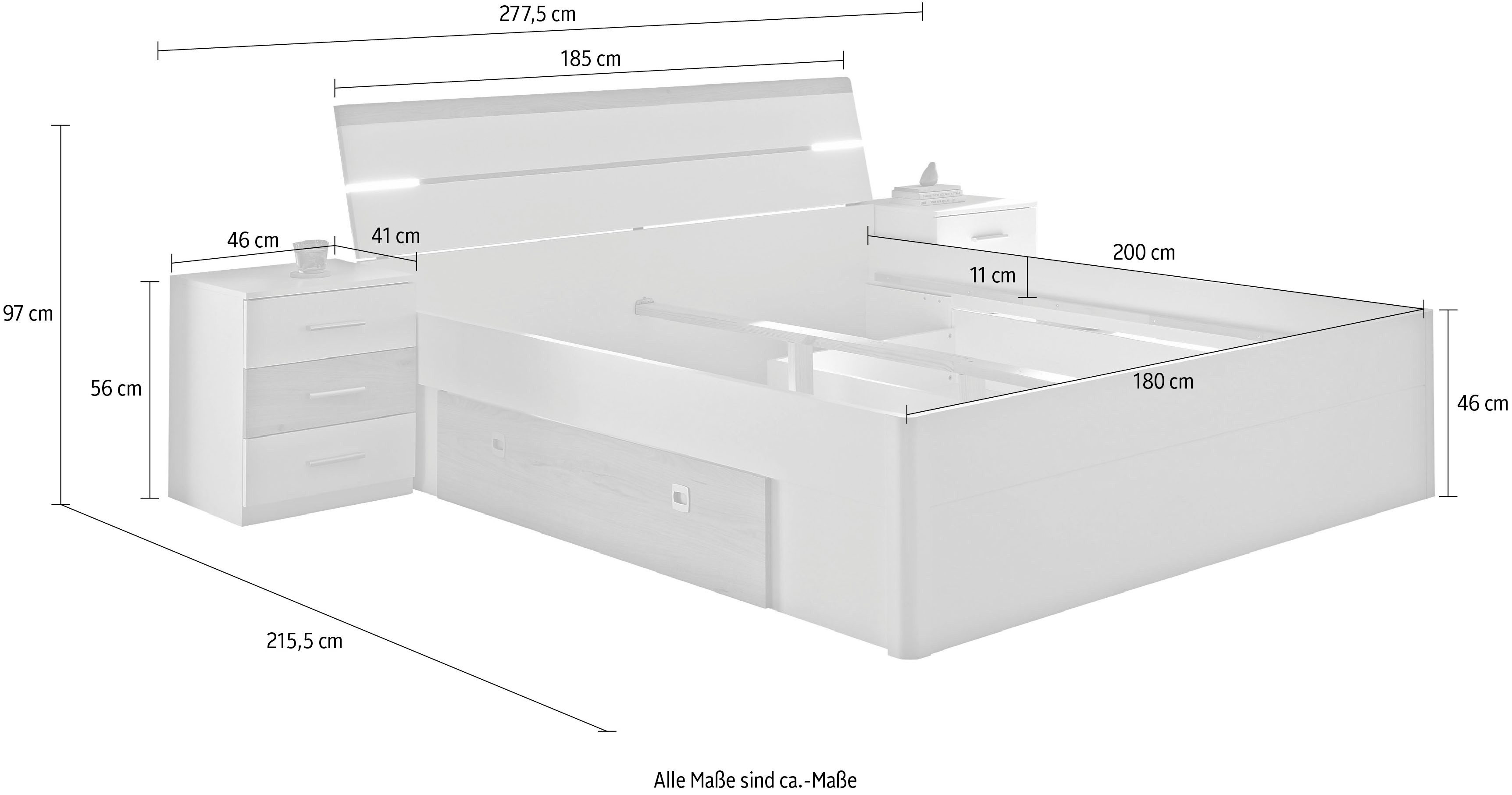 Schlafkontor Ledikant Kiara bed met 2 nachtkastjes inclusief verlichting in het hoofdeinde en 2 bedlades (set)