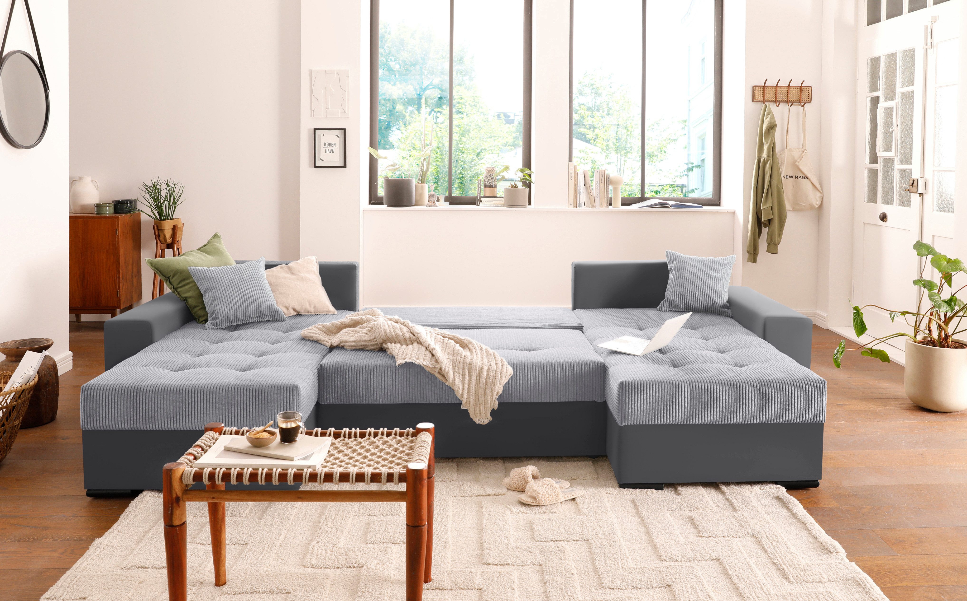 COLLECTION AB Zithoek XL-Josy U-vorm, breedte 313 cm, cord-/mix incl. bedfunctie, bedlade, met 4 gelijk grote rugkussens