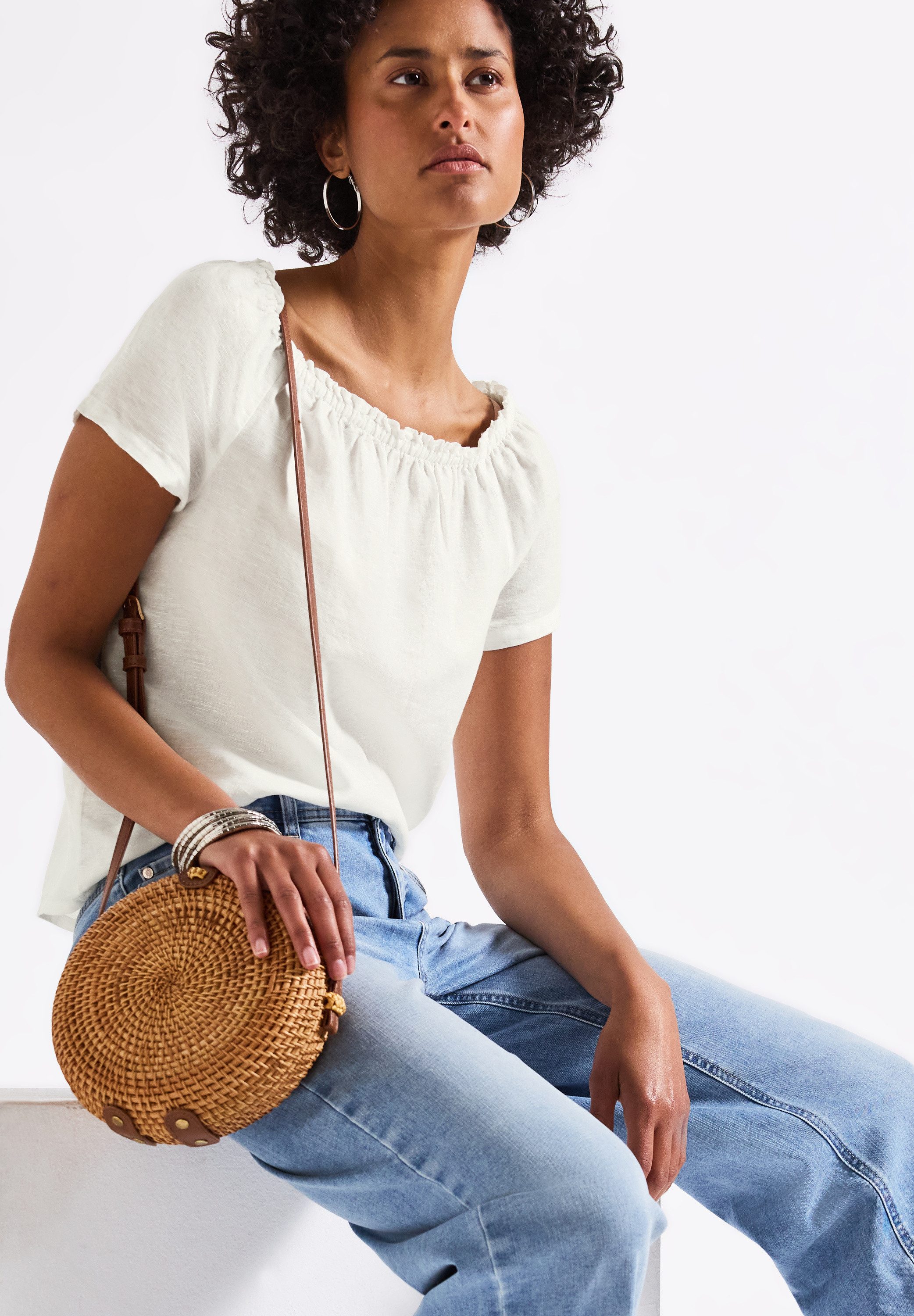 STREET ONE Crêpe-blouse met ruches-kraag en van linnen