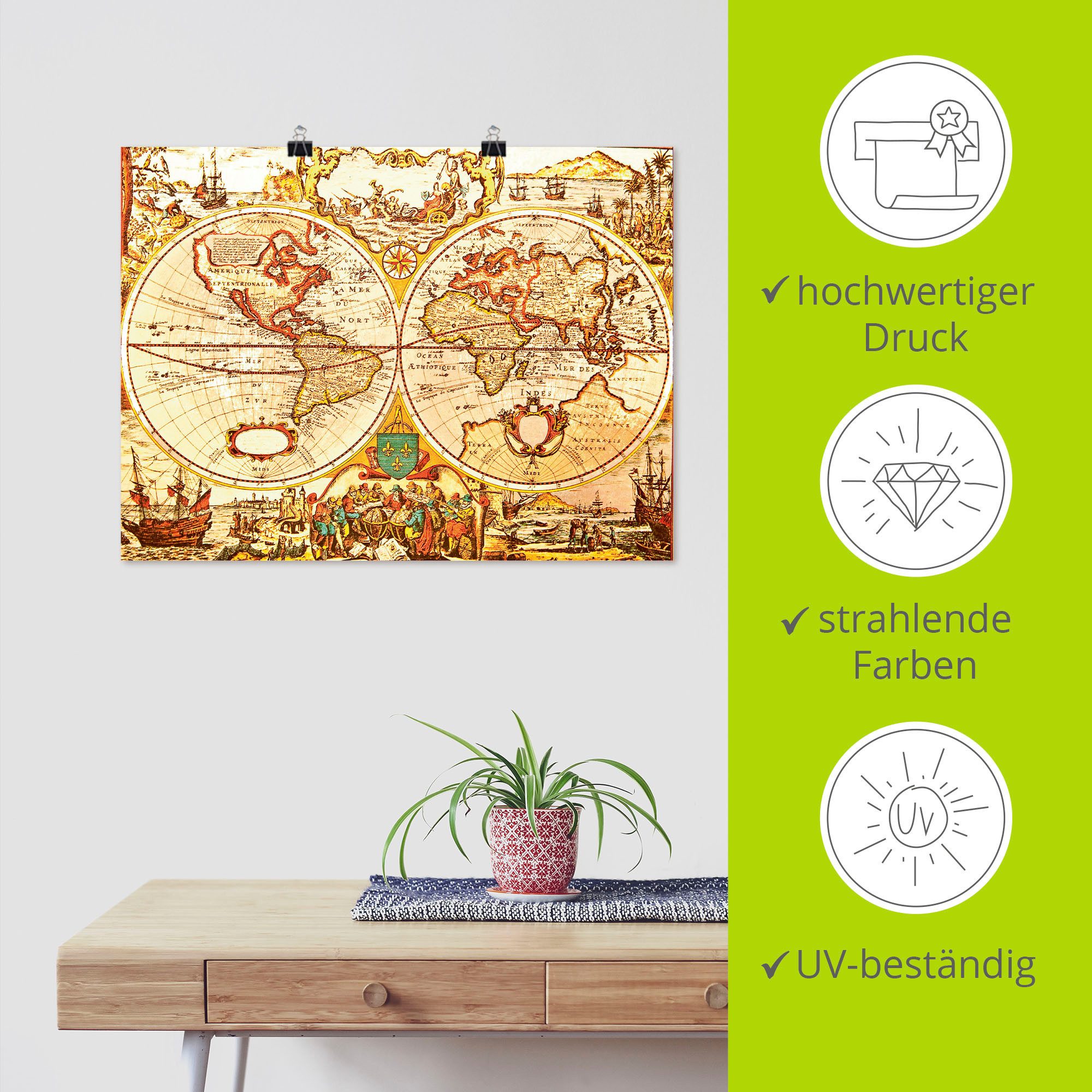 Artland Artprint Antieke wereldkaart als artprint van aluminium, artprint voor buiten, artprint op linnen, poster, muursticker