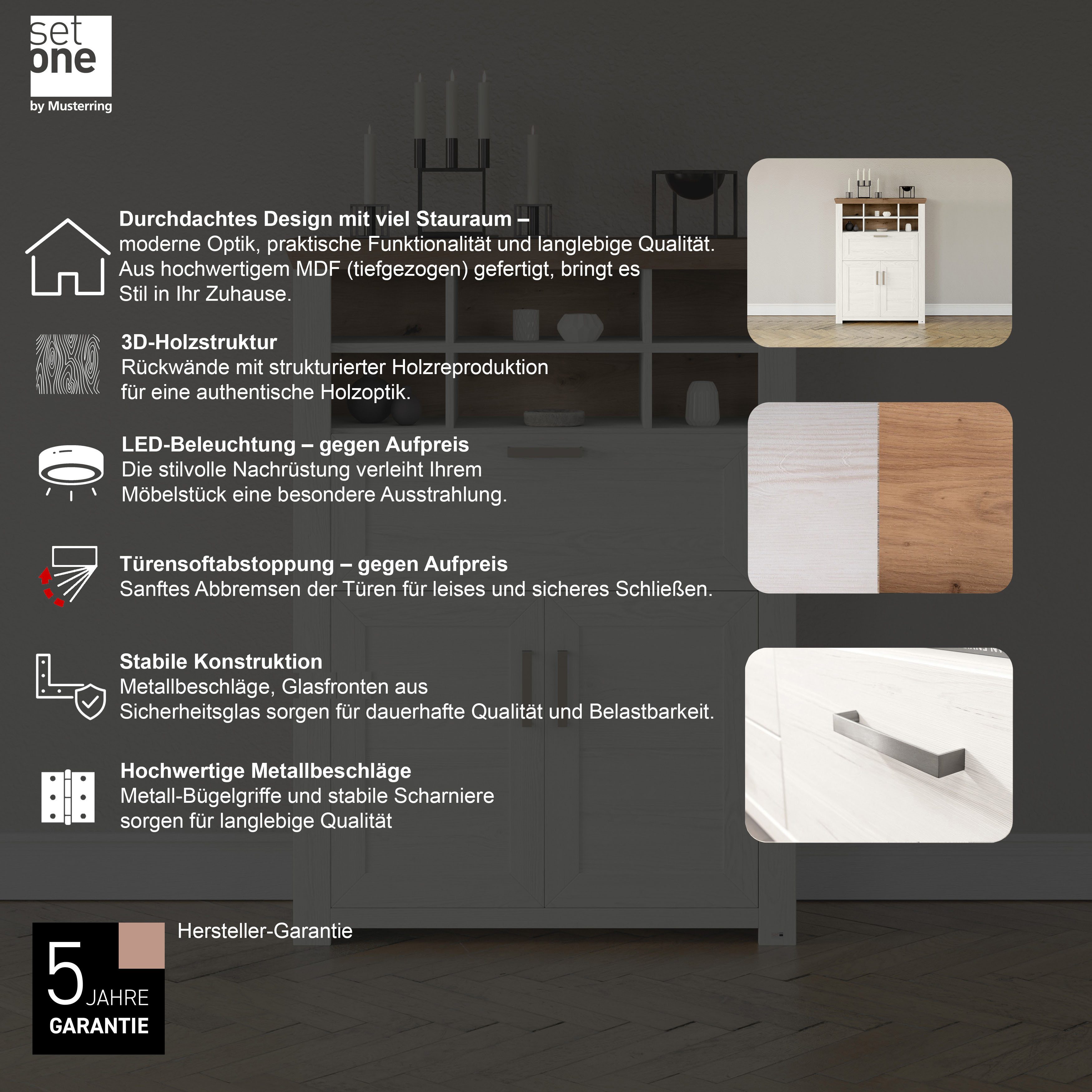 set one by Musterring Highboard York Type 15, met houten deuren en klep, verlichting optioneel, breedte 105 cm