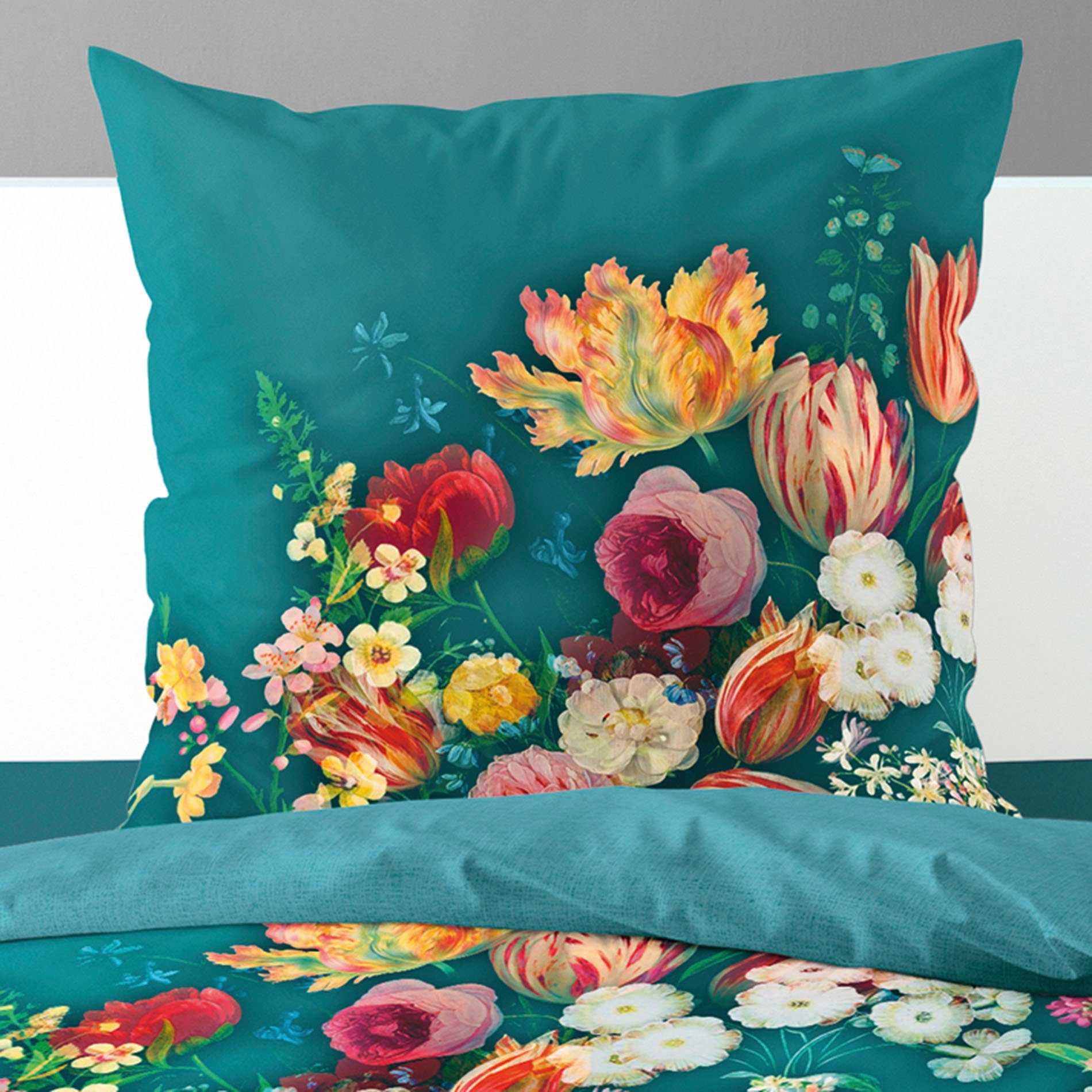 BIERBAUM Tweezijdig te gebruiken overtrekset Petrol Flowers met innovatieve digitale print (2-delig)