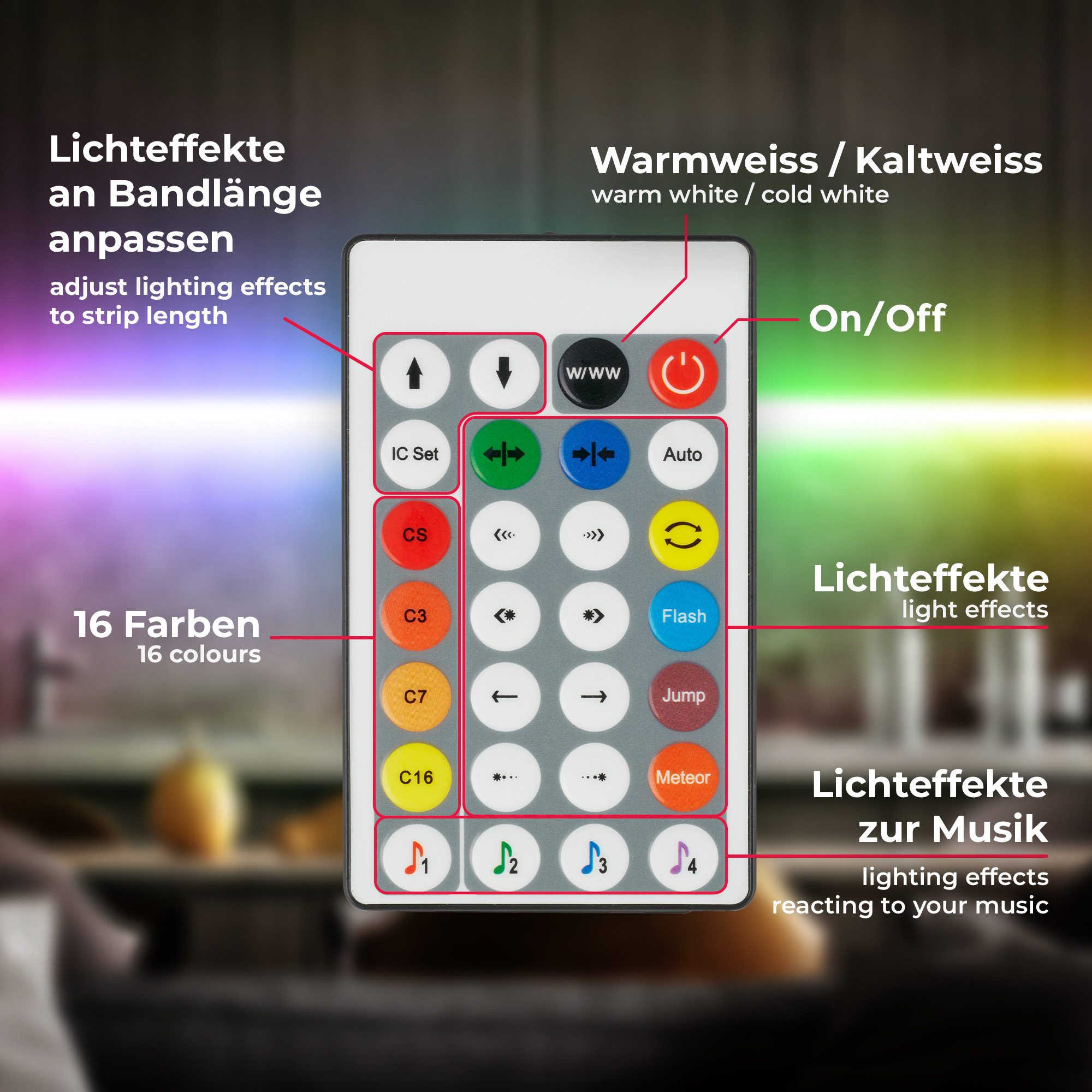 B.K.Licht Led-strip RGBIC LED strip, 10 m, met muzieksensor Lichtstrip, band met kleurverandering, met afstandsbediening, zelfklevend (1 stuk)