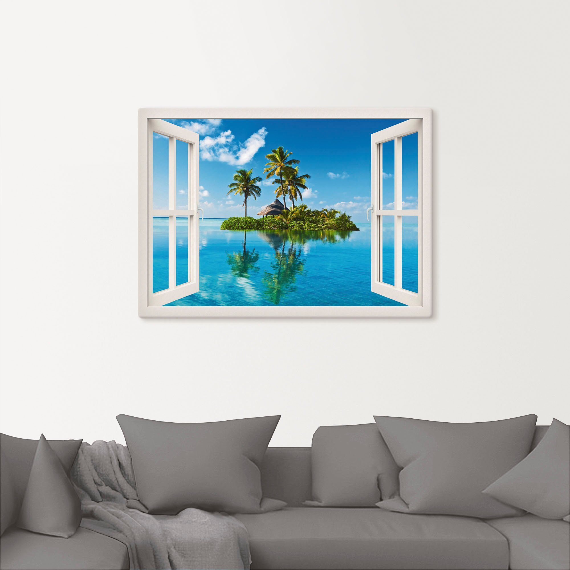 Artland Artprint Blik uit het venster eiland palmen zee als artprint op linnen, poster, muursticker in verschillende maten