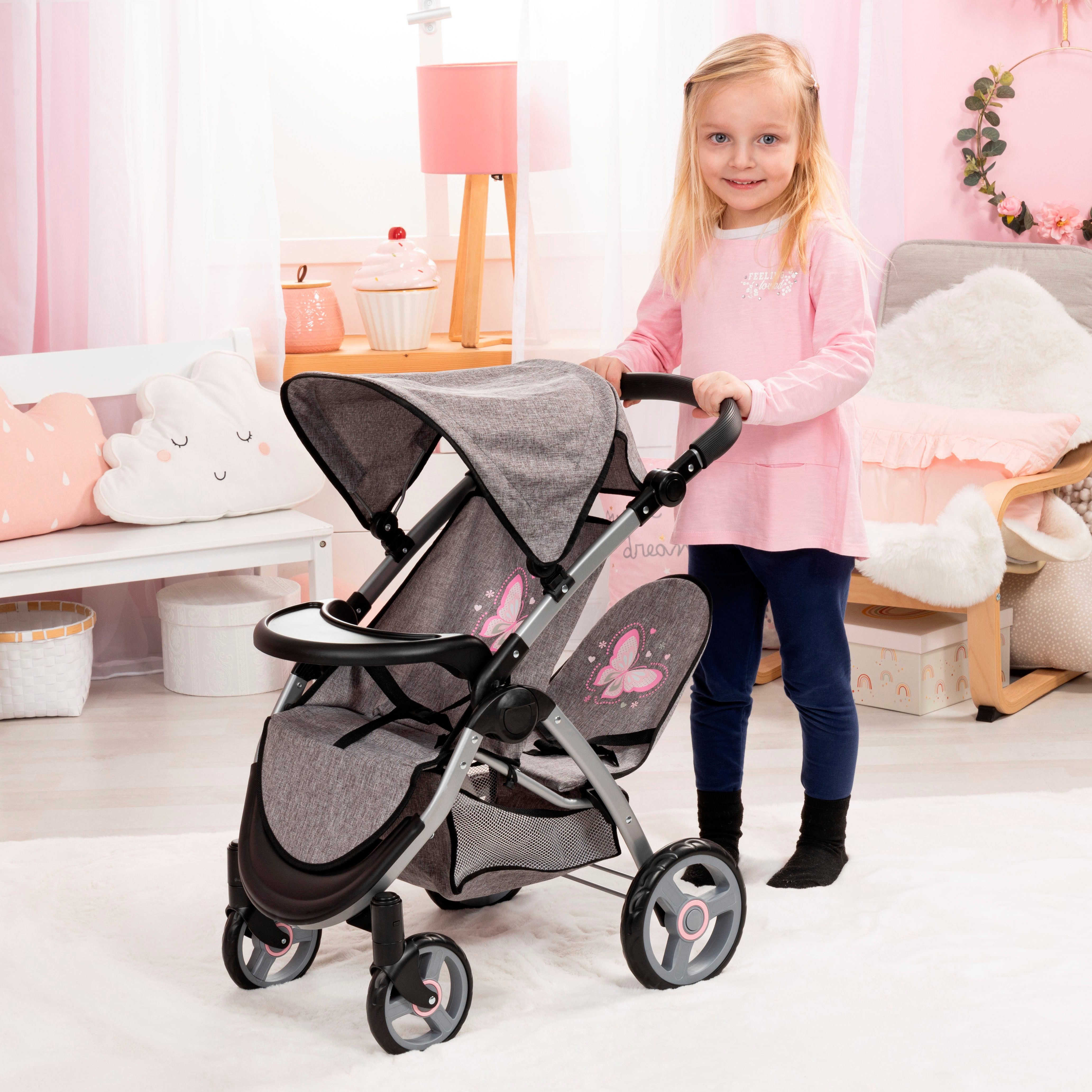 Bayer Poppen-duobuggy Twin Star, grijs/roze