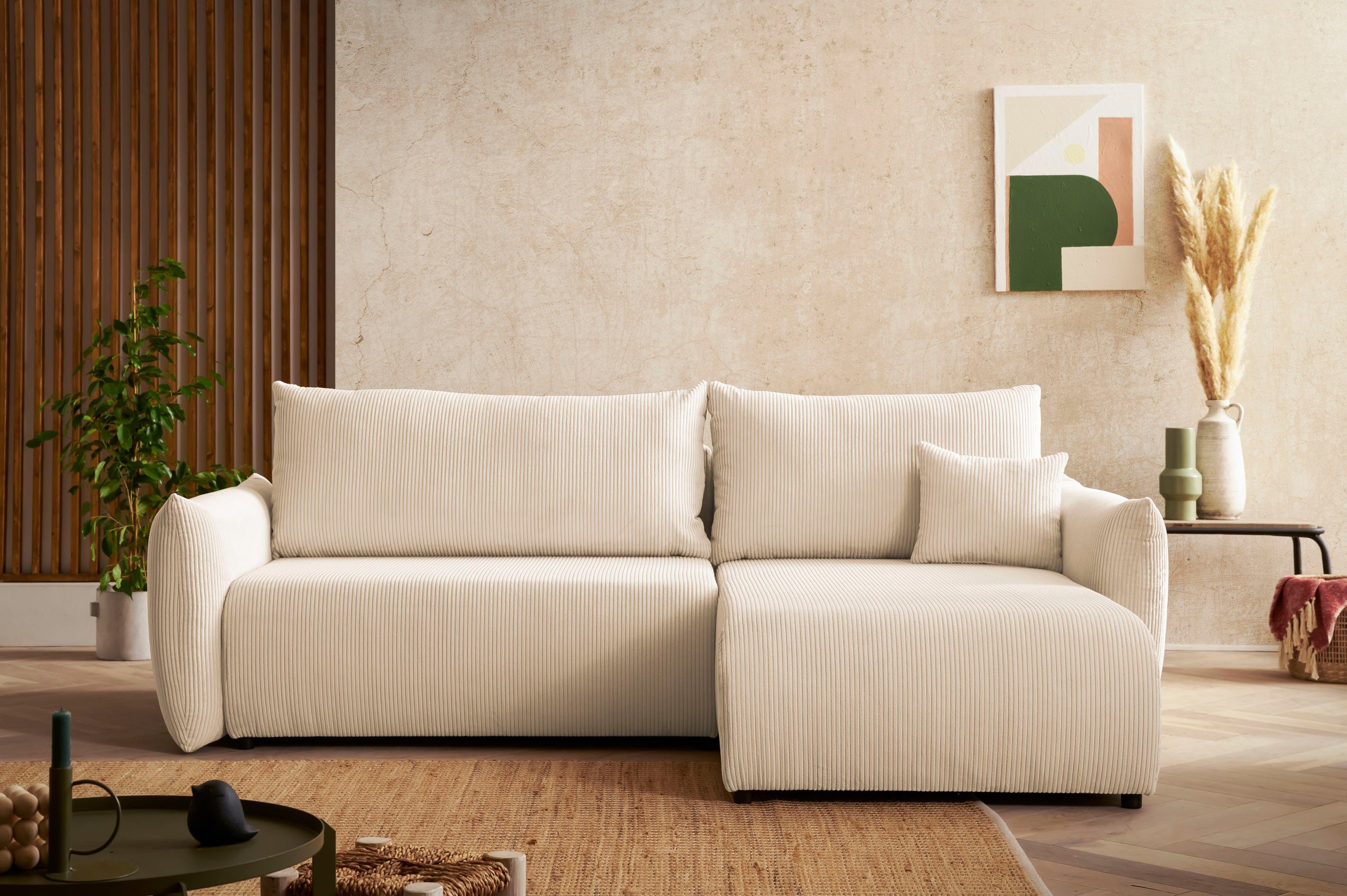 INOSIGN Hoekbank MAVAS bedbank met bedkist, L-model, ca. 257/127 cm (ligoppervlak 212/145 cm), ribfluweel, chenille, structuur