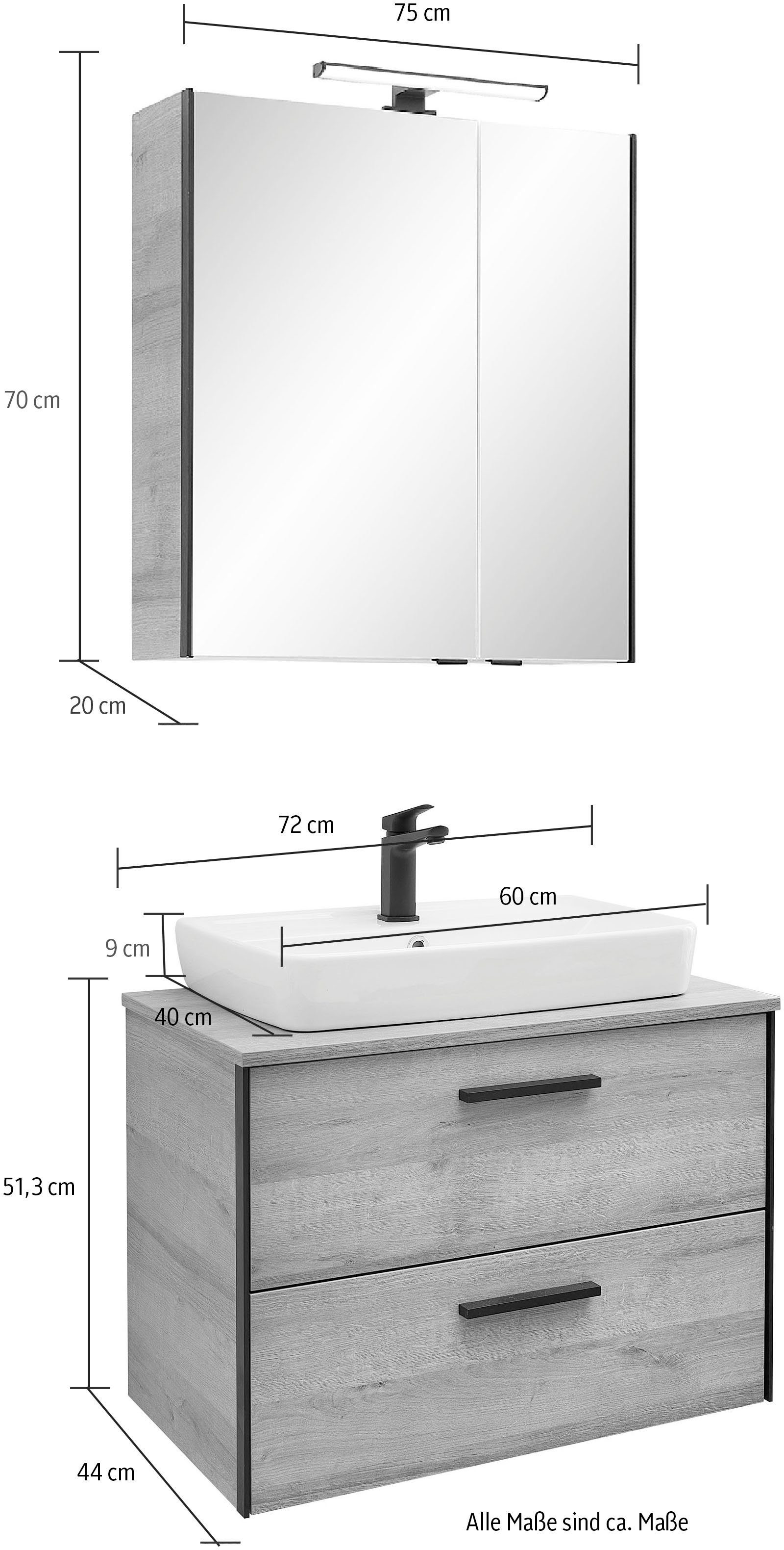 Saphir Badkamerserie Quickset 395 2-delig, keramieken opzetwasbak met led-spiegelkast Wastafelmeubel 73 cm breed, 2 laden, wastafelblad, badkameraccessoireset (4-delig)