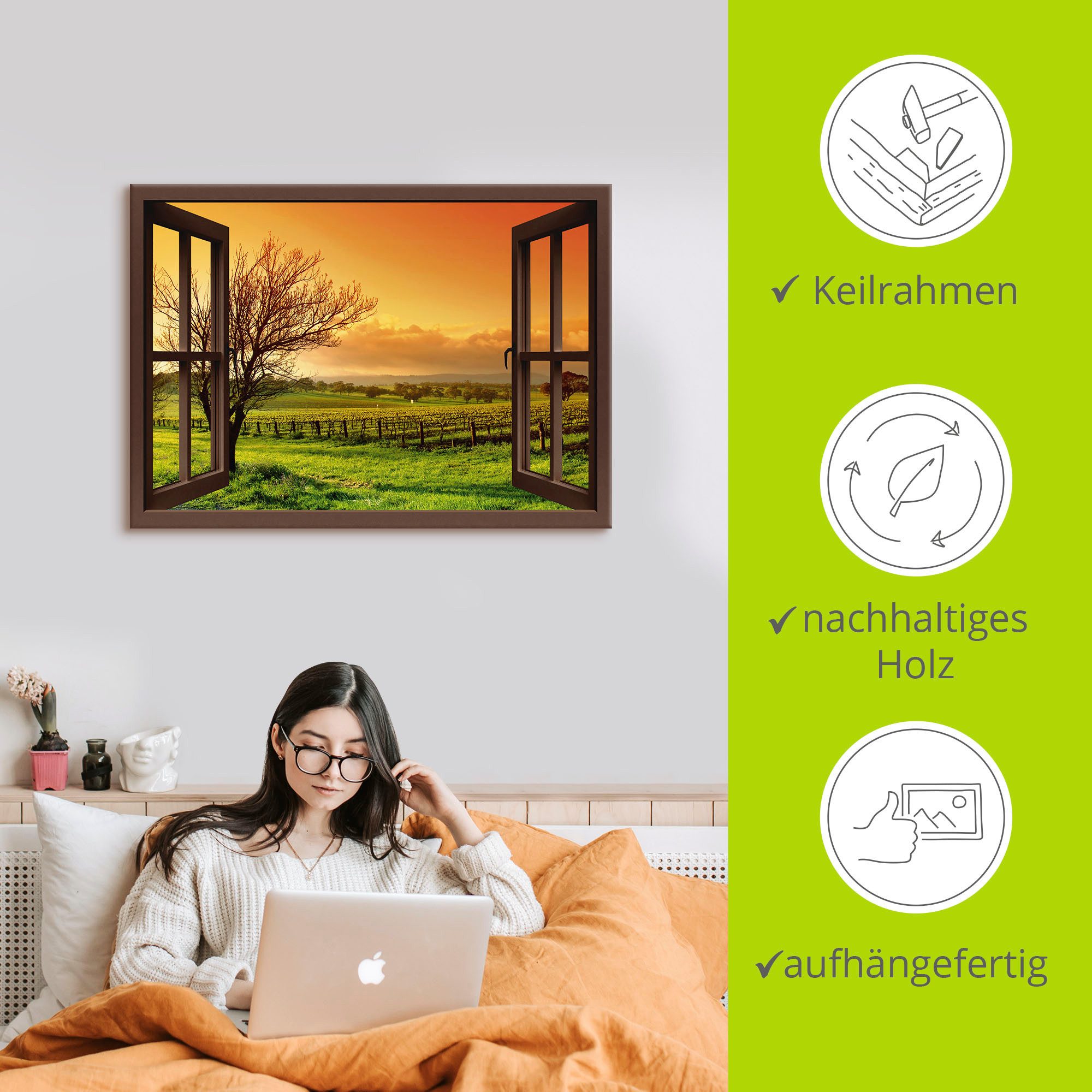 Artland Artprint Blik uit het venster - landschap met wijnbergen als artprint op linnen, muursticker in verschillende maten