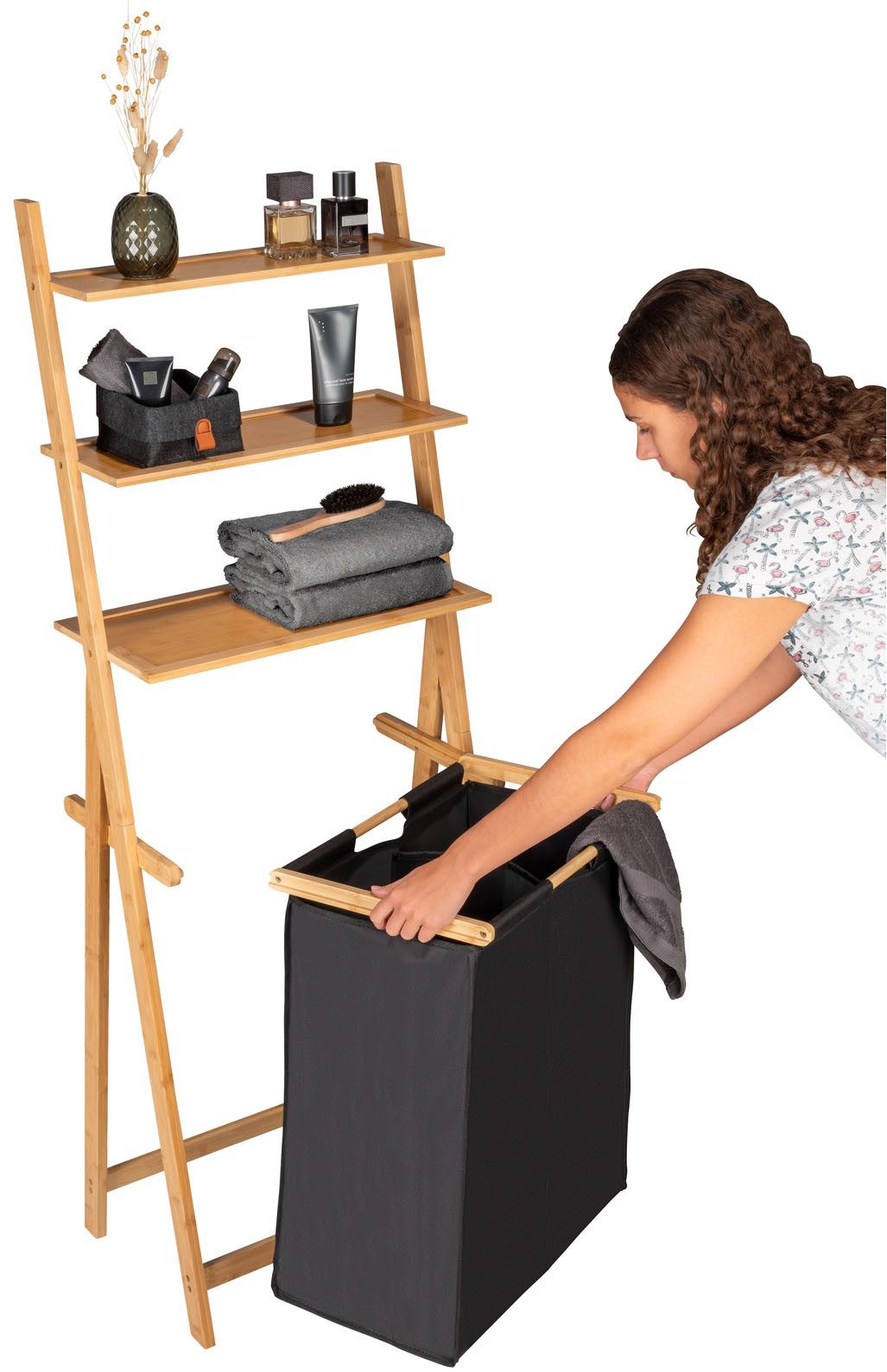 WENKO Wasmand met sorteerfunctie Ladderrek Ecori met wasverzamelaar Frame van bamboe, 3 schappen, textiel van 100% gerecycled polyester
