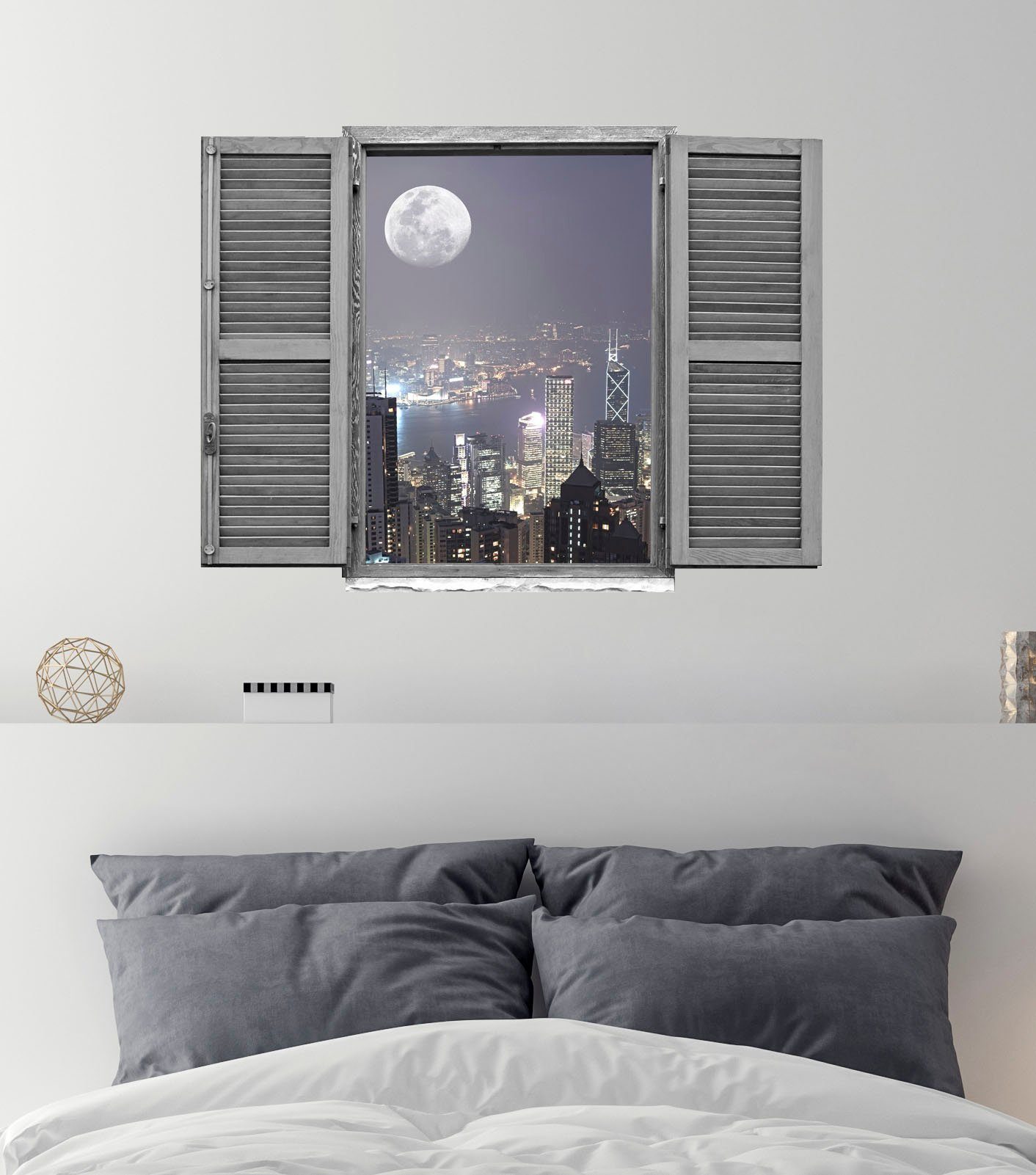 queence Wandfolie Grote stad Muursticker, muurdecoratie, zelfklevend, 3D, raam (1 stuk)