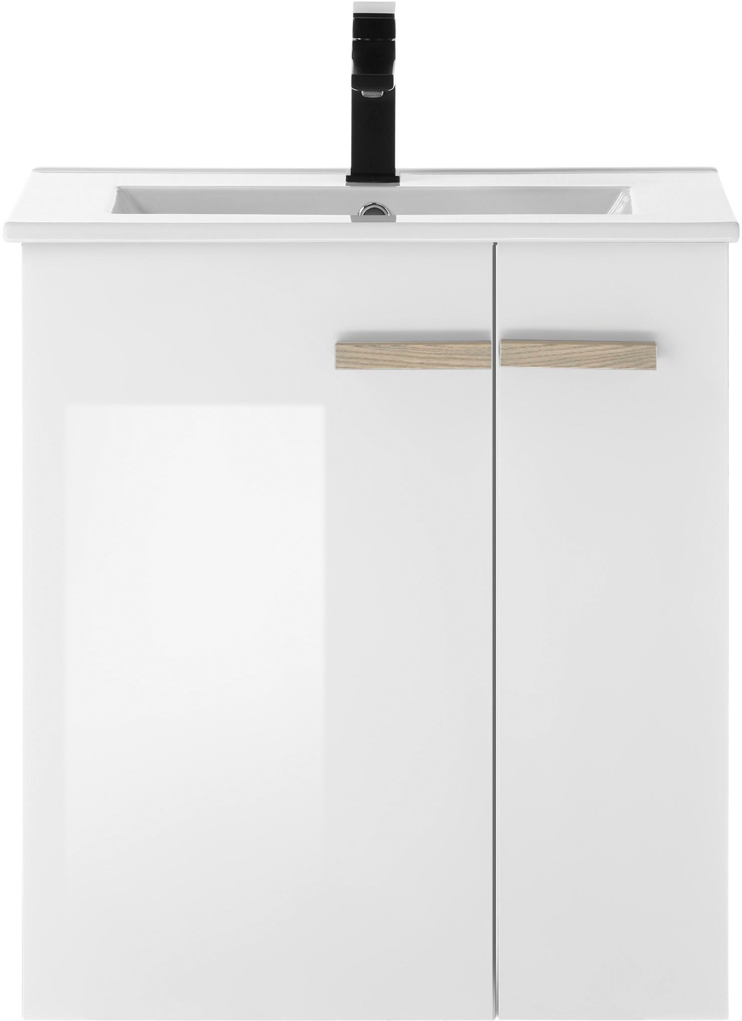 Places of Style Wastafelonderkast SOLiD, onderkast incl. wastafel, badkamerkast met houten handgrepen