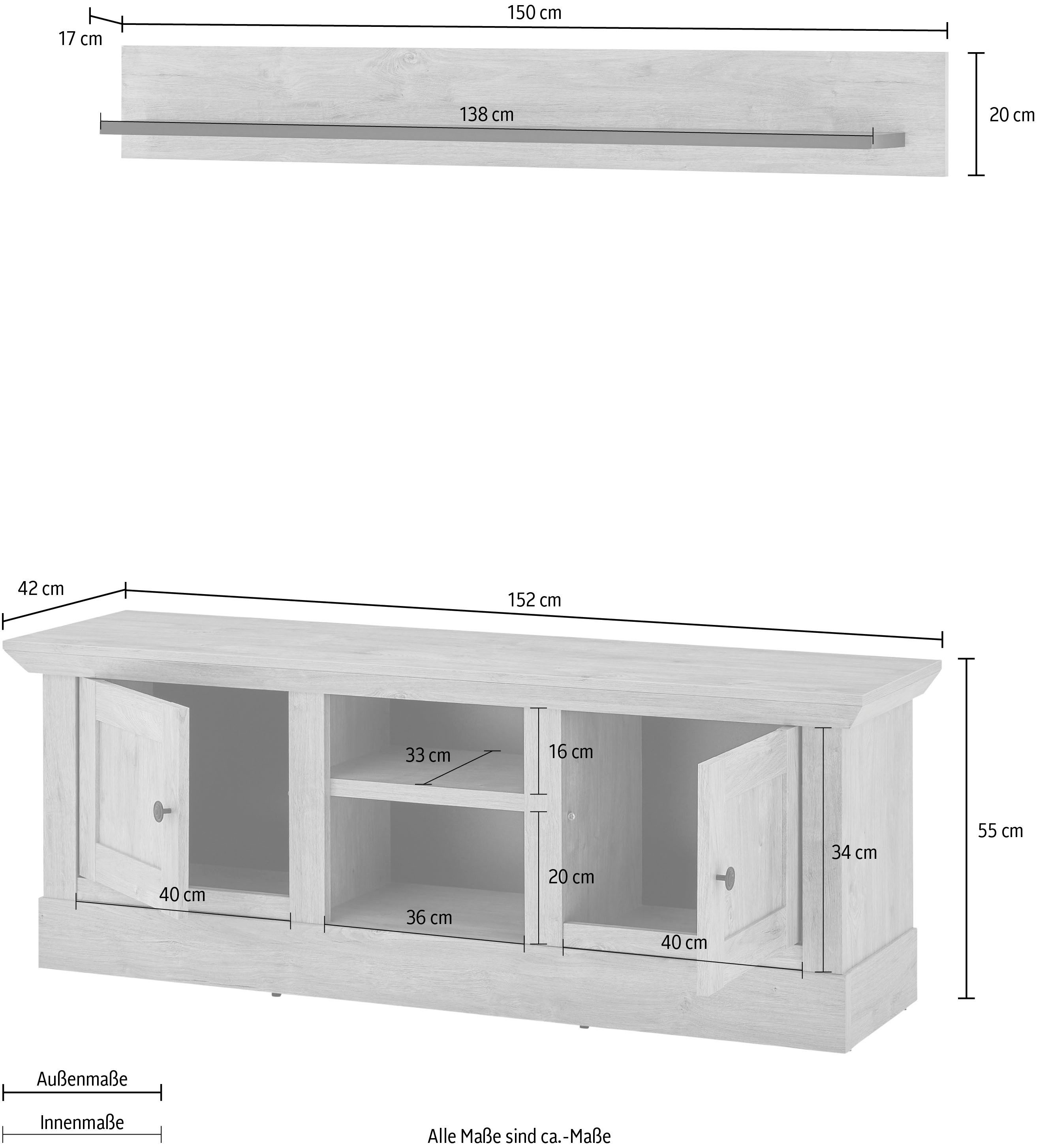 Home affaire Wandmeubel Cornwall, opbouwwand in landelijke stijl, woonkamer-set, eiken decor (set, 2-delig)