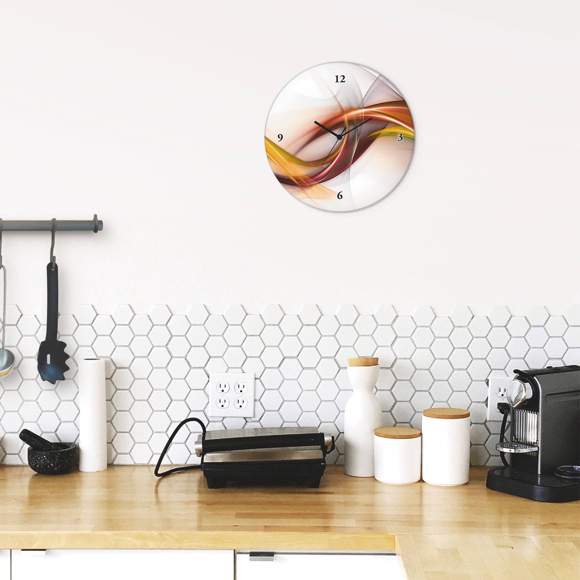 Artland Wandklok Glazen klok rond Abstract design oranje optioneel verkrijgbaar met kwarts- of radiografisch uurwerk, geruisloos zonder tikkend geluid