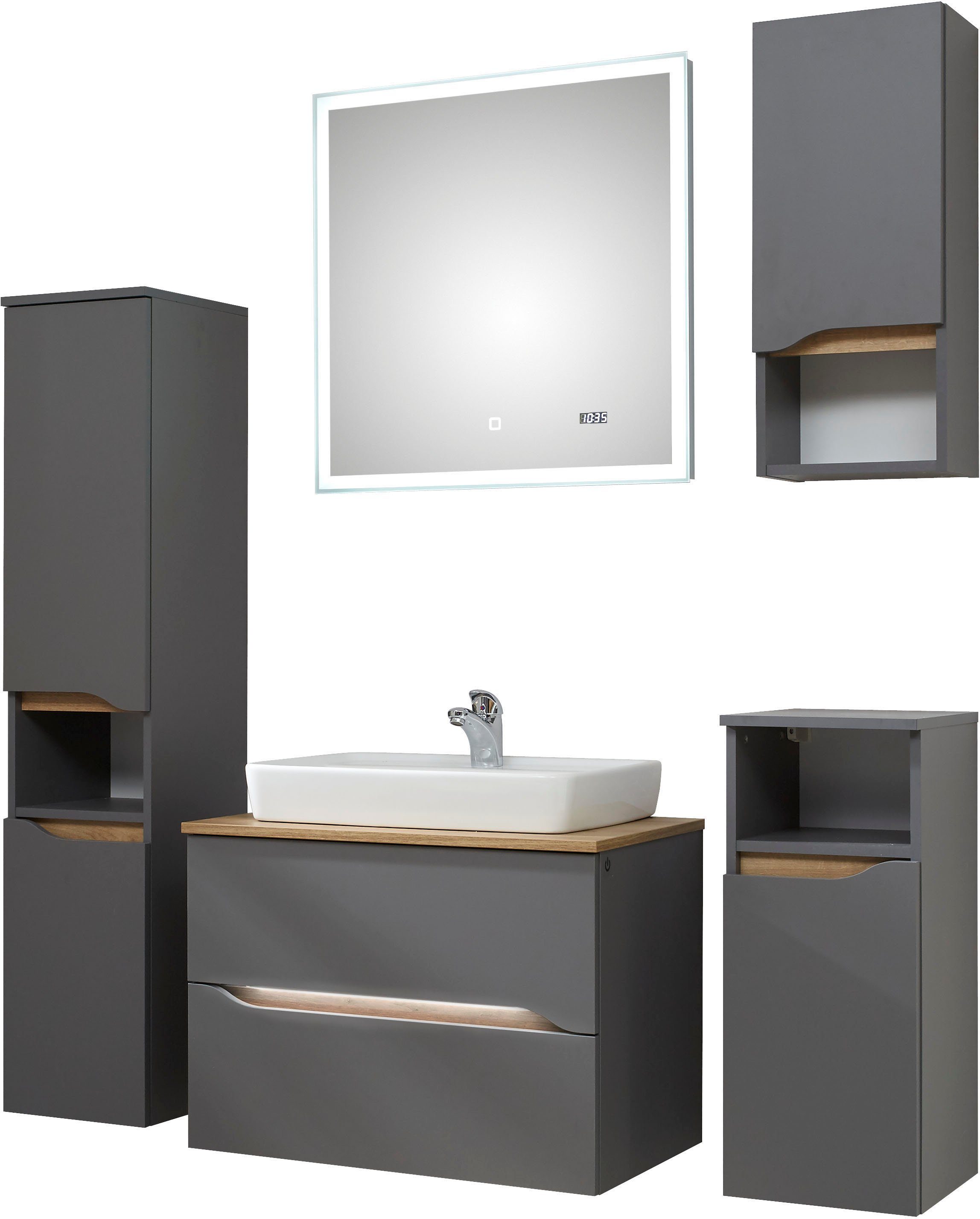 Saphir Badkamerserie Quickset 2-delig, keramieken opzetwasbak met led-spiegel Wastafelmeubel 73 cm breed, inclusief deurdemper, 2 laden (5-delig)