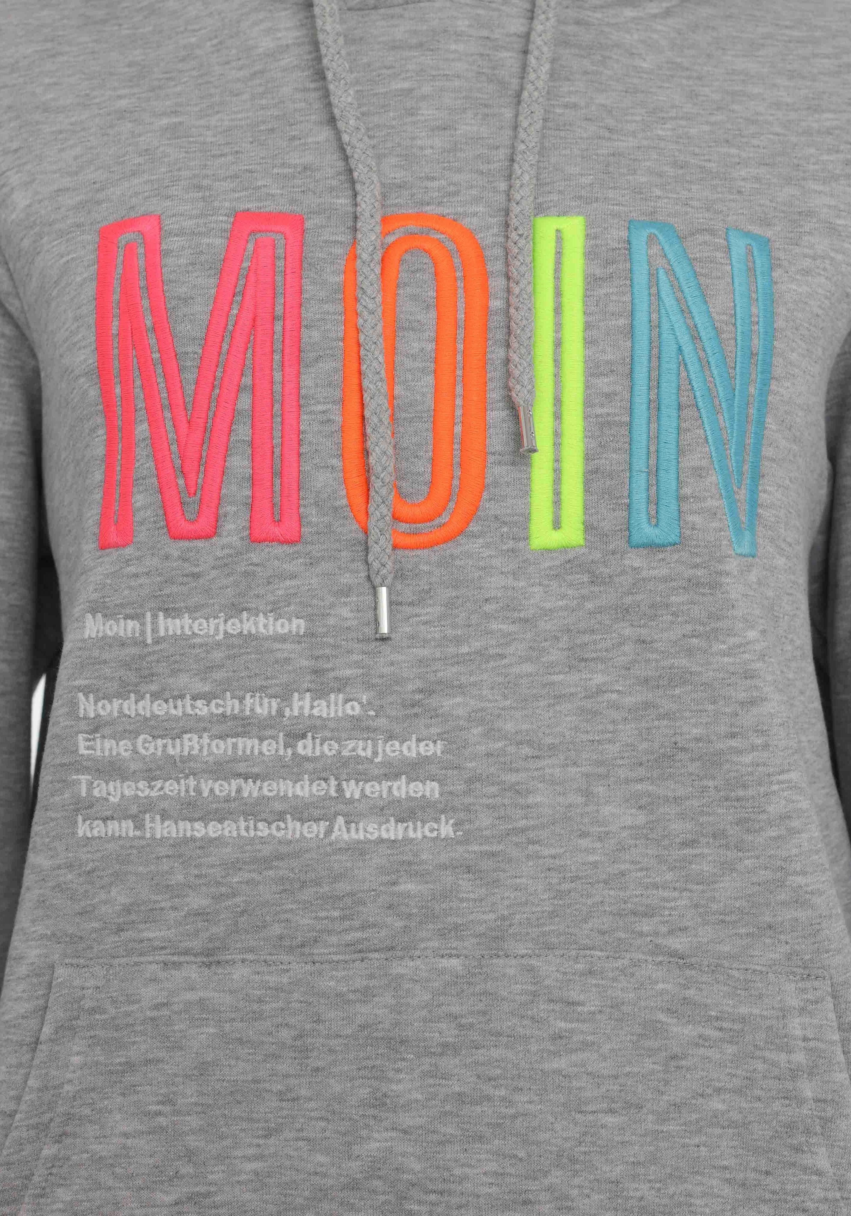 Zwillingsherz Sweatshirt met geborduurd "moin"-schrift in neonkleuren