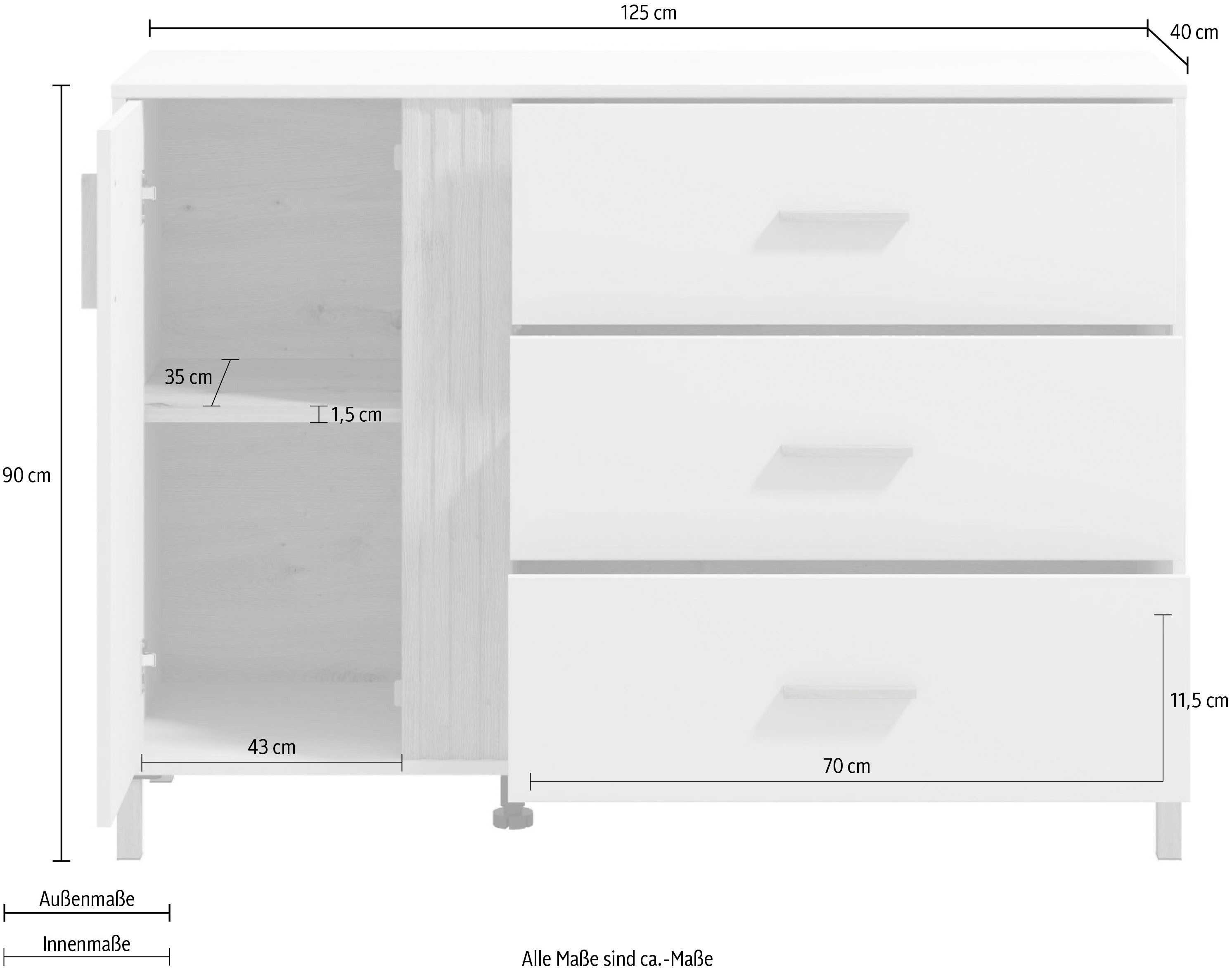 Home affaire Kast Belfort ladekast dressoir 3 laden en 1 deur 125x40x90, fsc®-gecertificeerd houtmateriaal, trendkleur cashmere