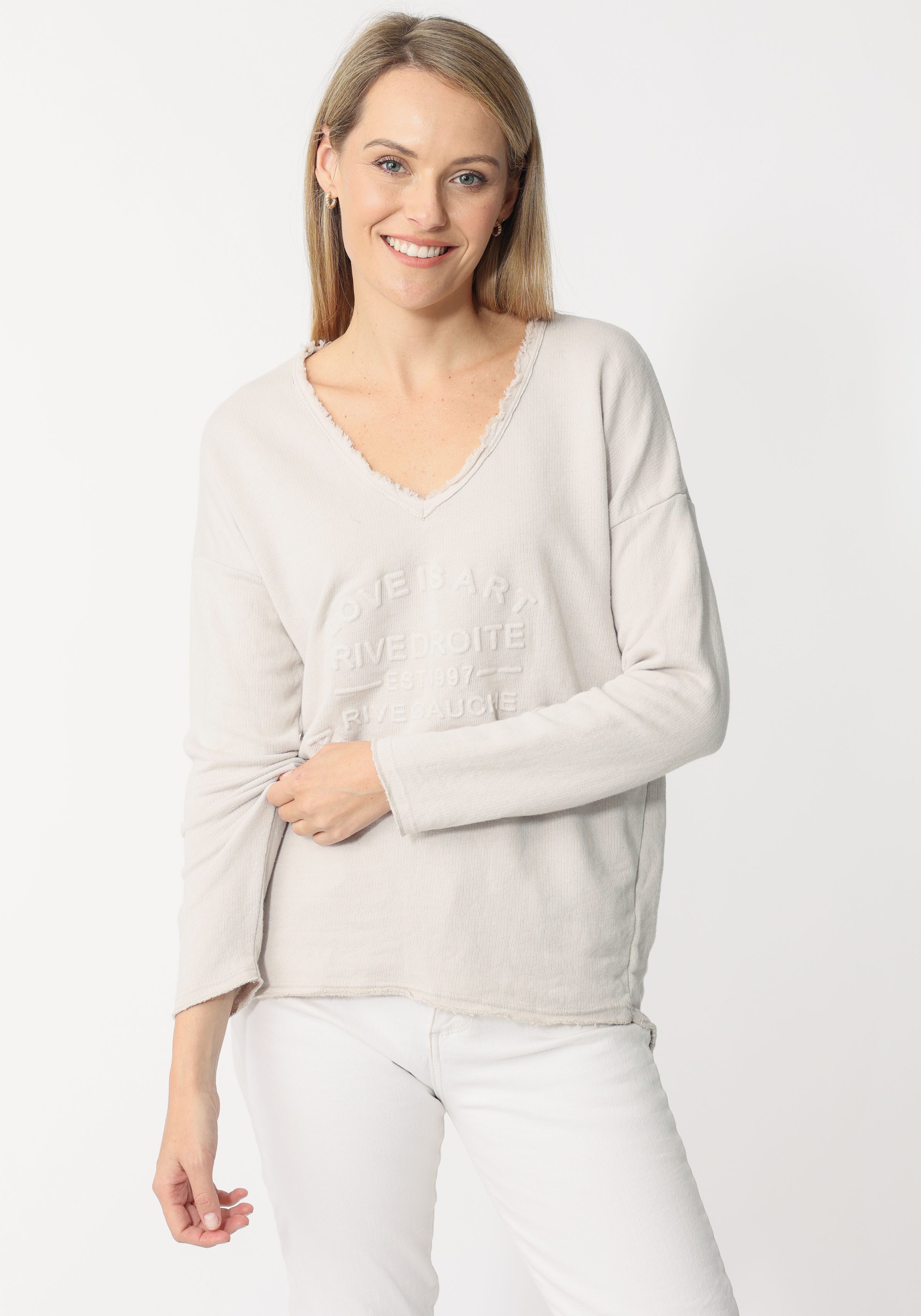 Zwillingsherz Sweatshirt met rafelige v-halslijn in vintage-look