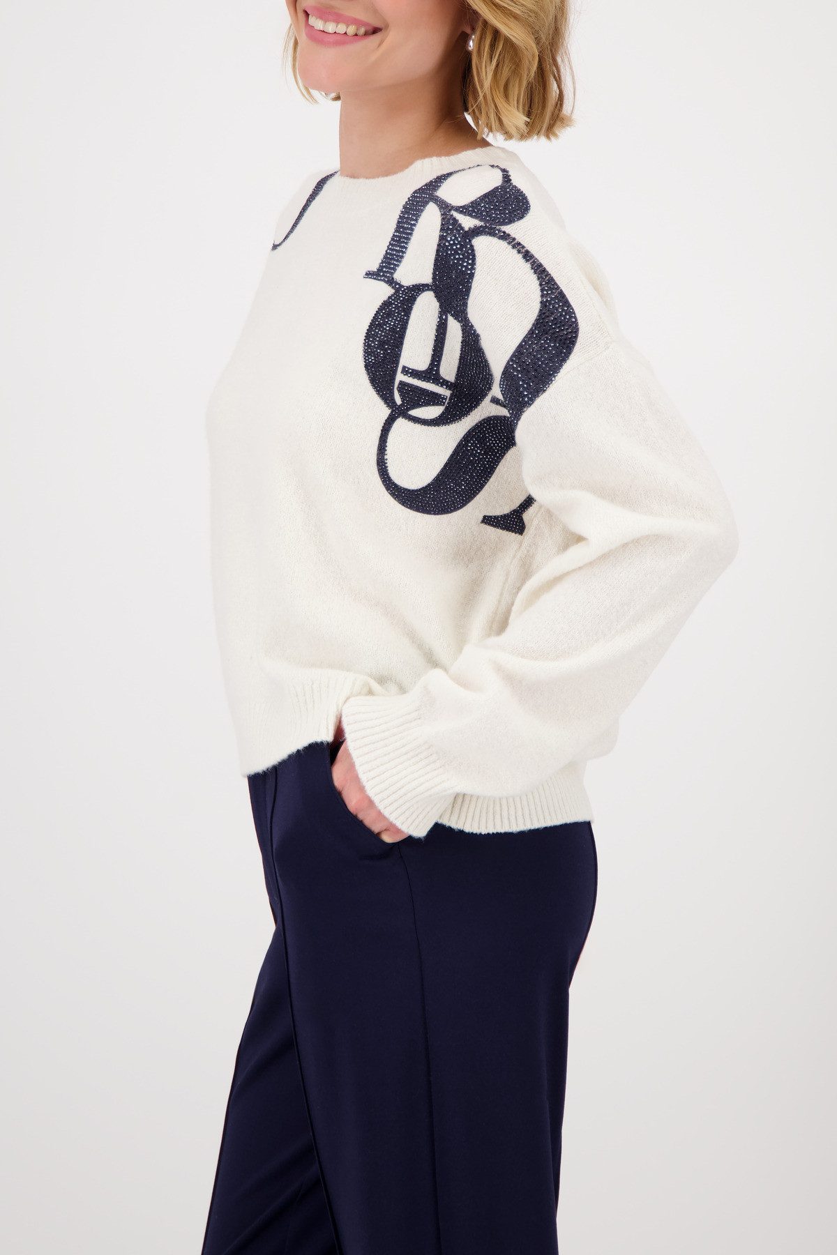 Monari Gebreide Trui letters Regular fit met ronde hals