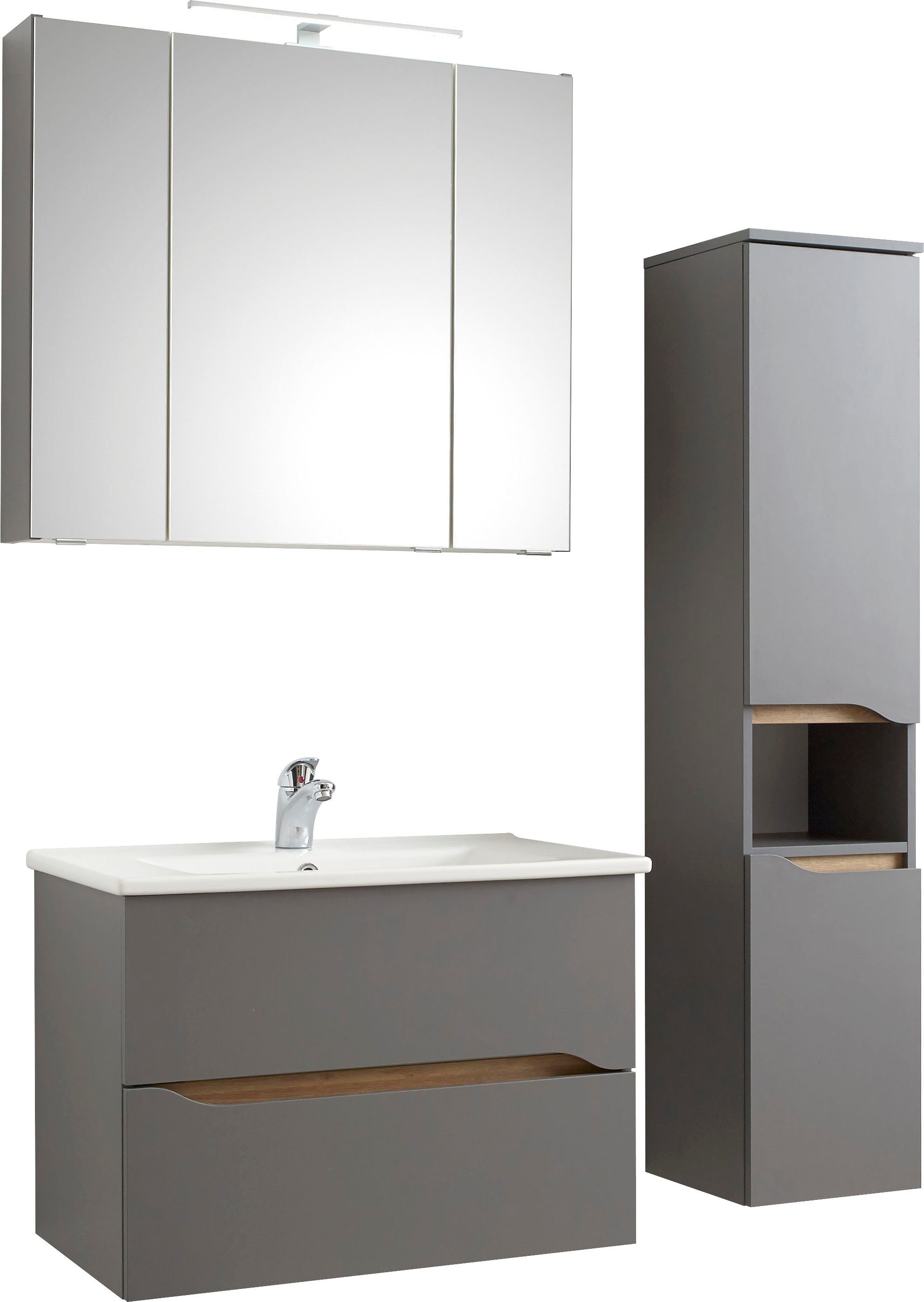 Saphir Badkamerserie Quickset 3-delig, keramische wastafel met LED-spiegelkast Halfhoge kast, inclusief deurdemper, 2 laden, 5 deuren, 8 planken