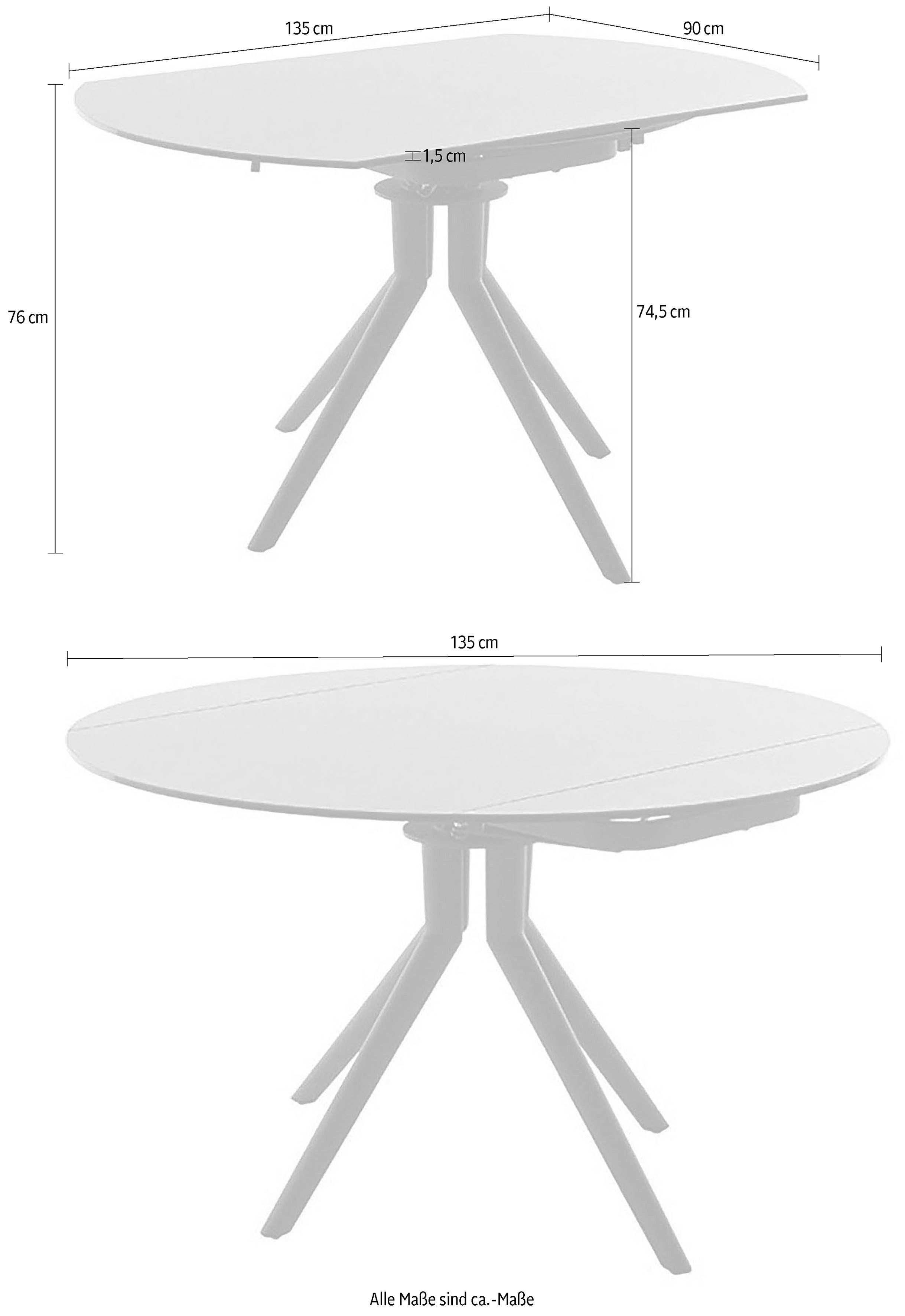 MCA furniture Eettafel RUBIKON vierpoot tafel 90-135 cm Keramiek, metaal, lengteschuif, uittrekbaar, 13 mm