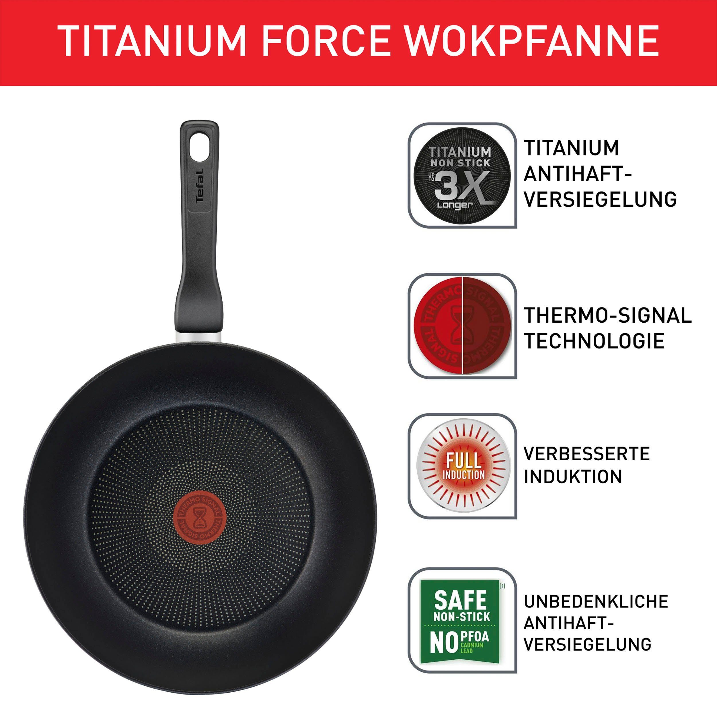 Tefal Wok Titanium Force Wokpan, Inductie, Ø 28 cm extra duurzame anti-aanbakcoating, thermo-signaal, diepe vorm
